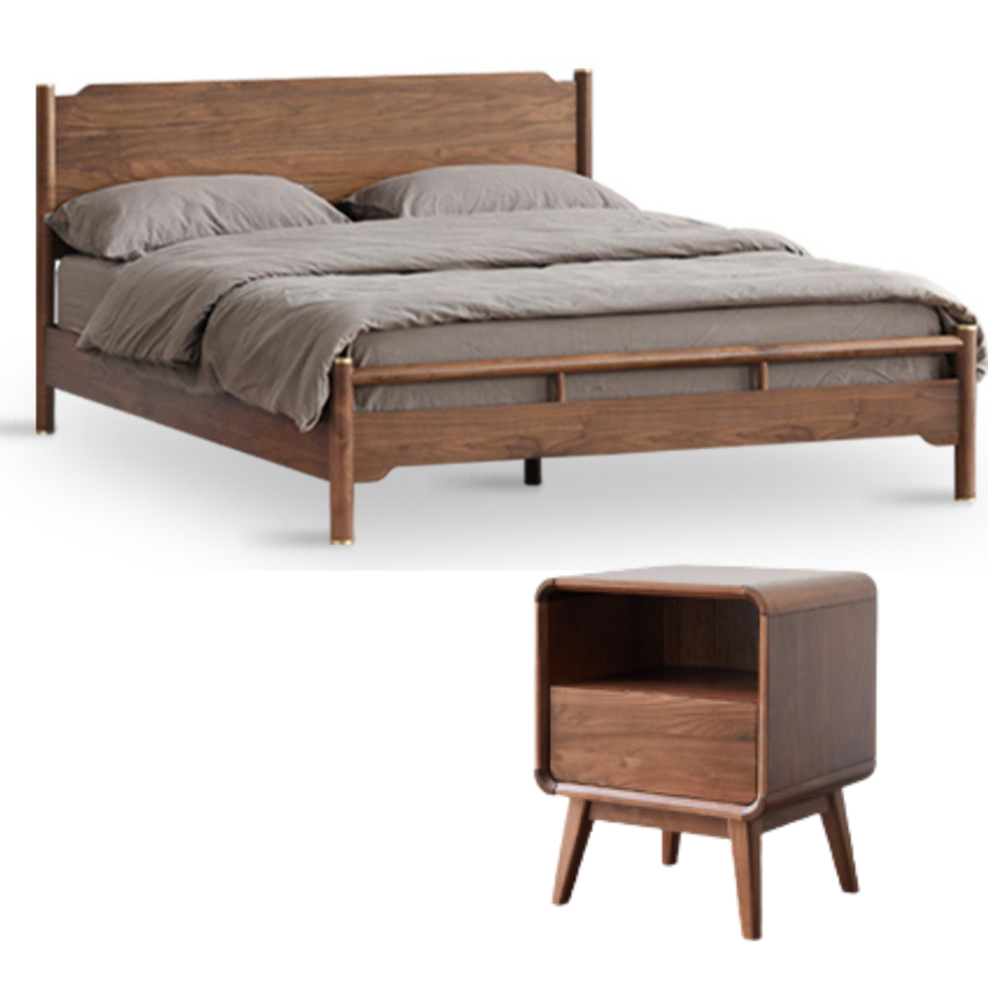 Rich Dark Walnut color North American black walnut bed + bedside table