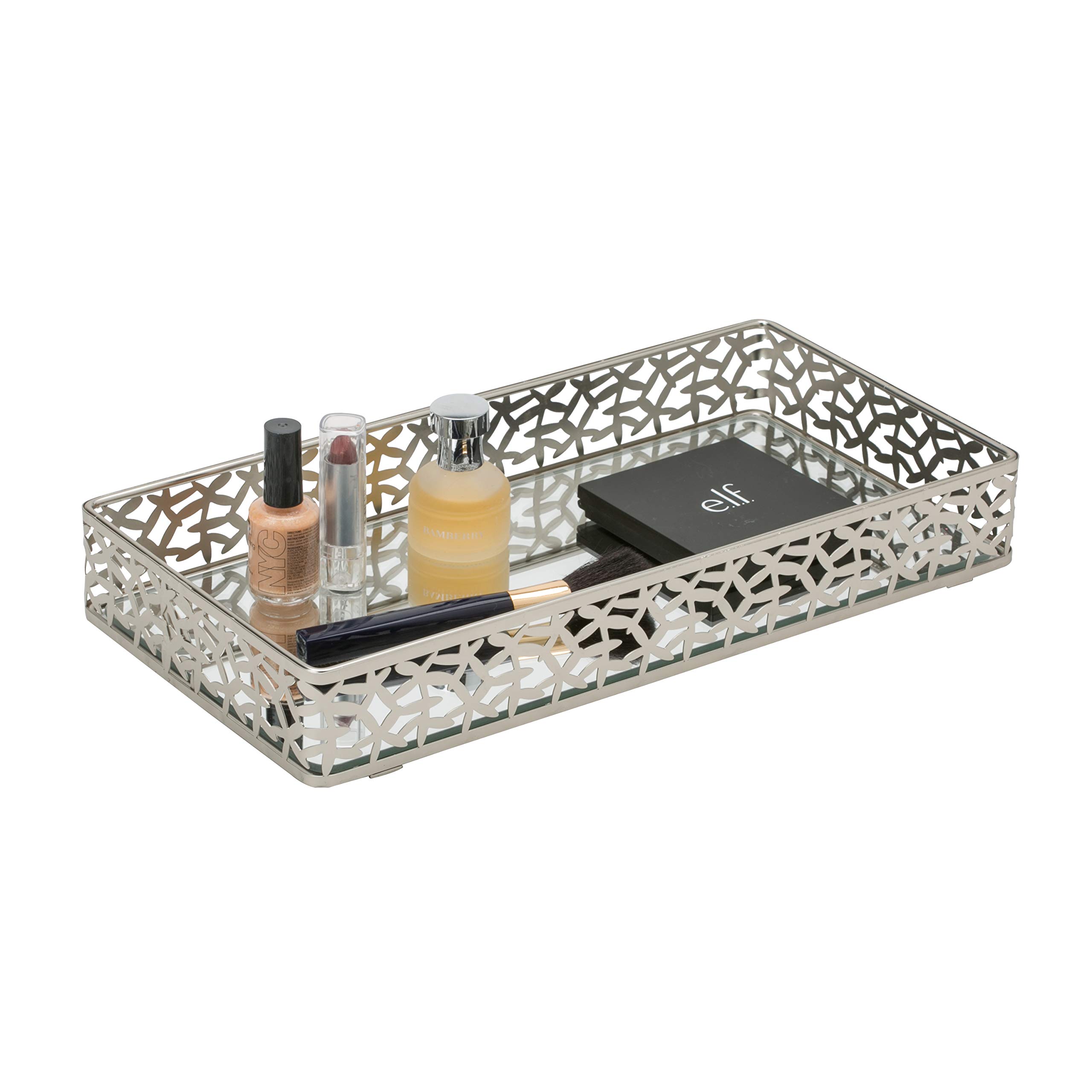 Leaf Design Mirrored Vanity Tray - Elegant Dresser Organizer for Perfume, Jewelry & Cosmetics | Satin Silver Decorative Tray | Perfect for Bedroom, Bathroom & Vanity Table Decor