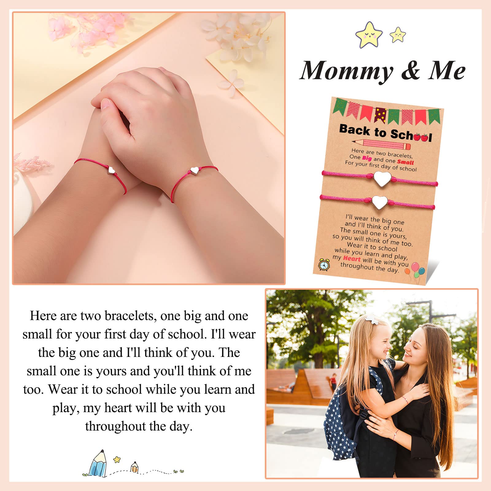 UNGENT THEM Mother Daughter Matching Bracelets Set - Heart Charm Wish Bracelets for Back to School, First Day Gifts for Girls & Boys | Perfect for School Photos, Graduation, and Family Bonding Moments