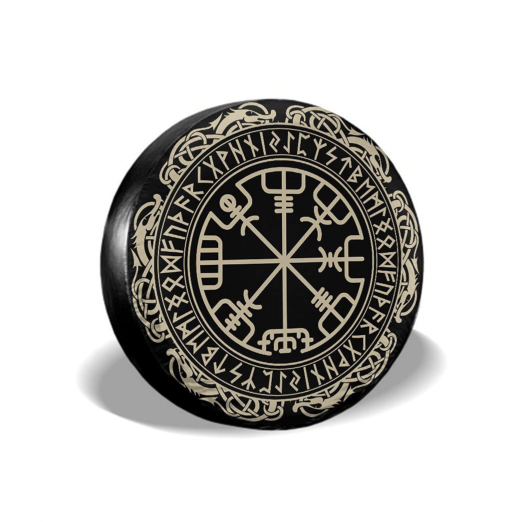 WONDERTIFY Viking Tire Cover with Vegvisir Rune and Dragon Design - 14 Inch Black Spare Wheel Cover for Cars, Trucks, SUVs, Campers & Trailers | Durable Weatherproof Protection for Off-Road Adventures & Road Trips