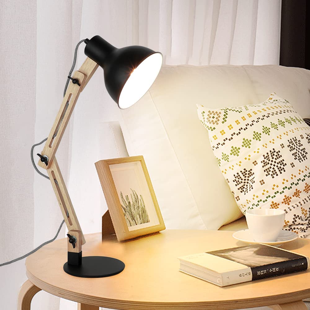 Depuley Adjustable Wood Swing Arm Desk Lamp - Modern Architect Multi-Joint Gooseneck Table Light with Black Metal Shade (Bulb Included) | Perfect for Reading, Working, Studying in Home Office, Bedroom or College Dorm
