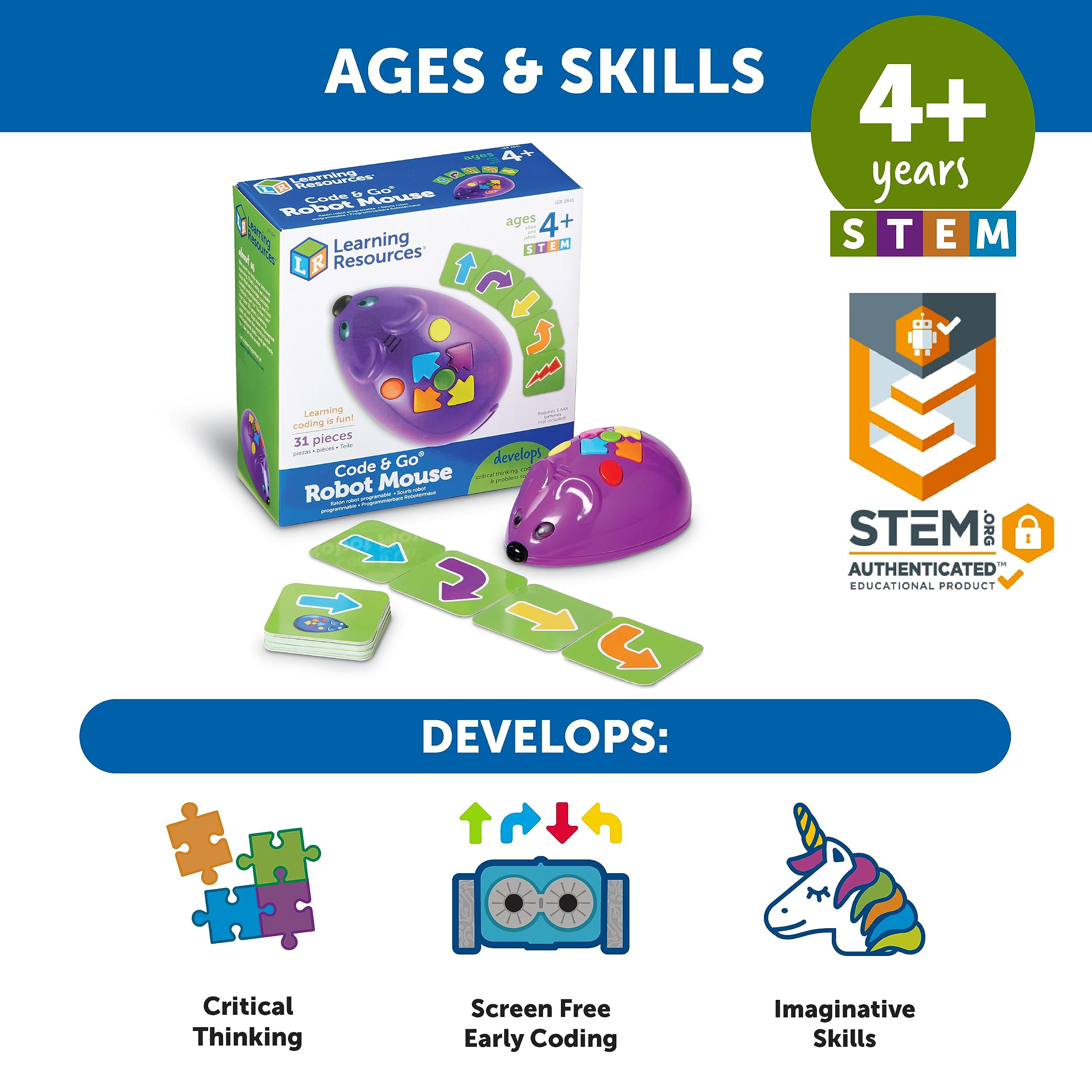 Learning Resources Code & Go Robot Mouse - 31 Piece STEM Coding Toy for Kids Ages 4+, Educational Programming Robot for Early Learning | Perfect for Classroom STEM Activities & Home Play