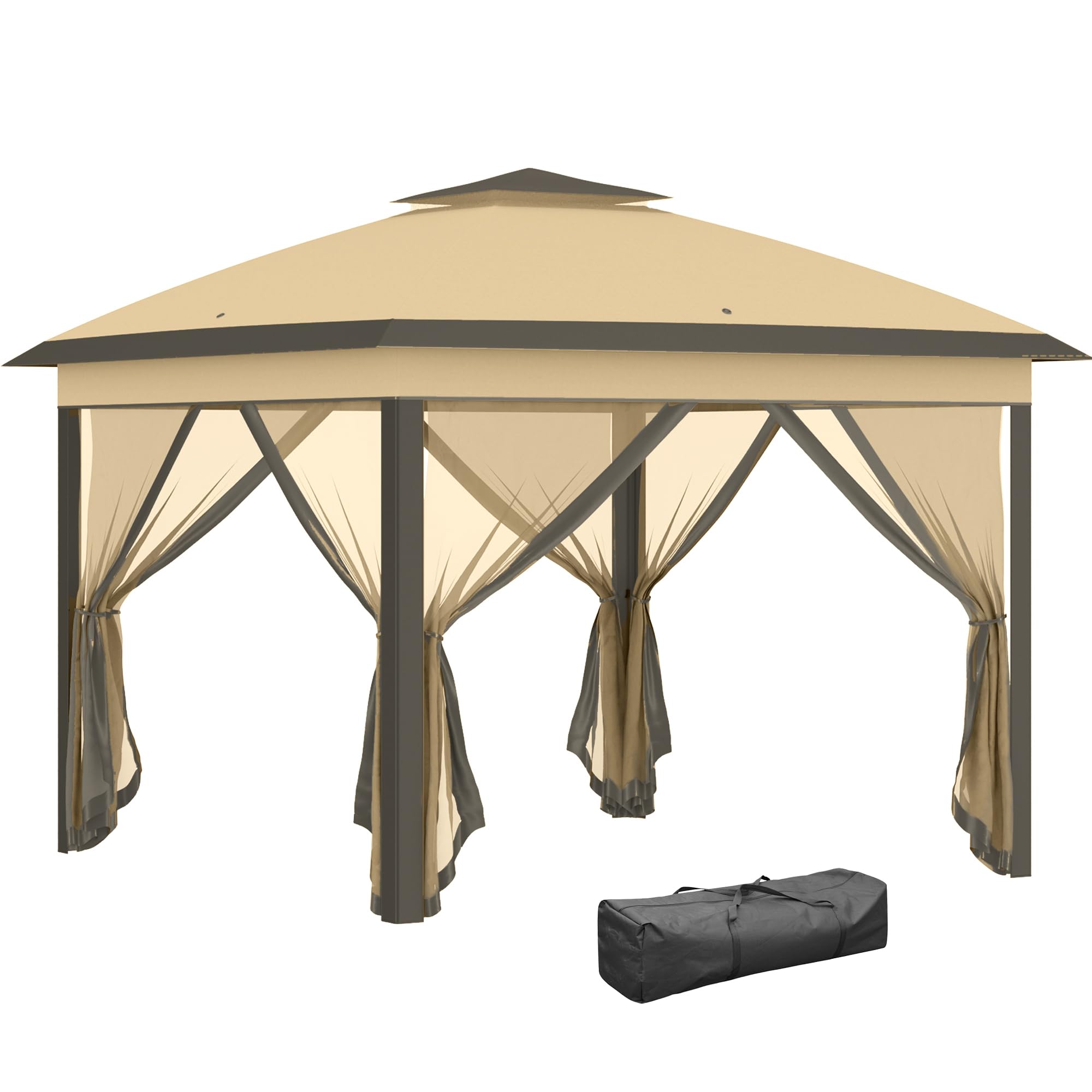 Outsunny 11' x 11' Pop Up Canopy Tent with Netting & Carry Bag - Instant Gazebo Sun Shelter for Outdoor Parties, Camping, Beach, Backyard - 121 Sq Ft Shade, Beige