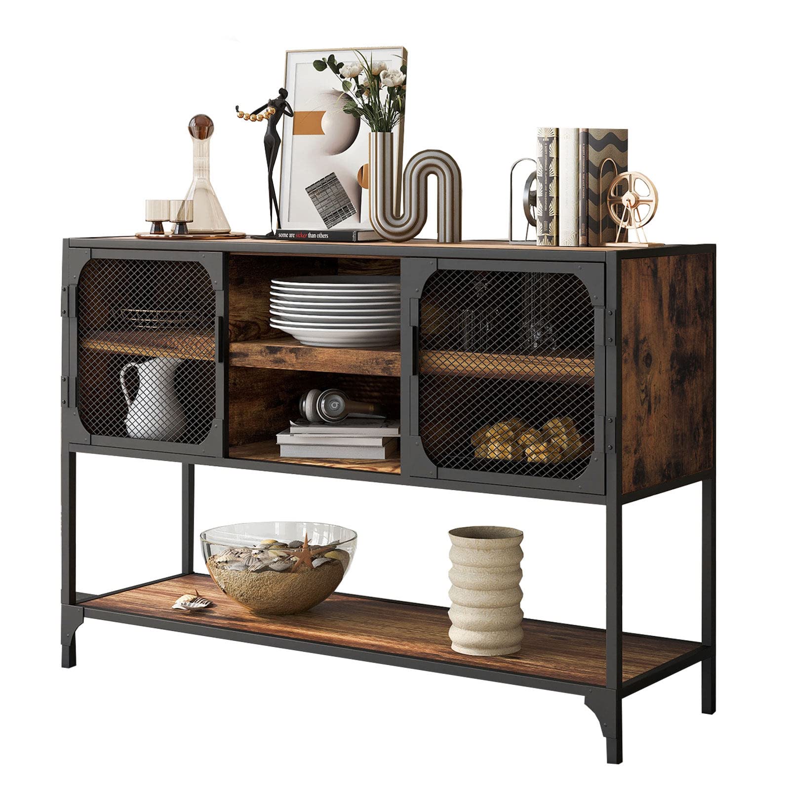 MaSYZBF Industrial Console Table with Metal Grid Door - Entryway Table, TV Stand with 3 Thick Shelves for Living Room, Home, Kitchen & Hallway - Perfect for Small Spaces, Apartment Decor & Modern Farmhouse Style