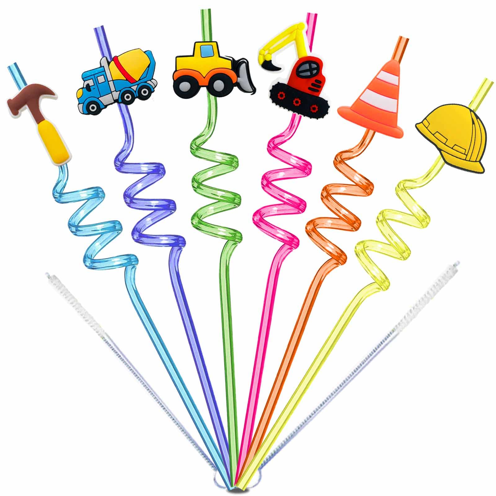 Reusable Kids Straws with Cleaning Brush - Construction Party Supplies for Birthday Decor