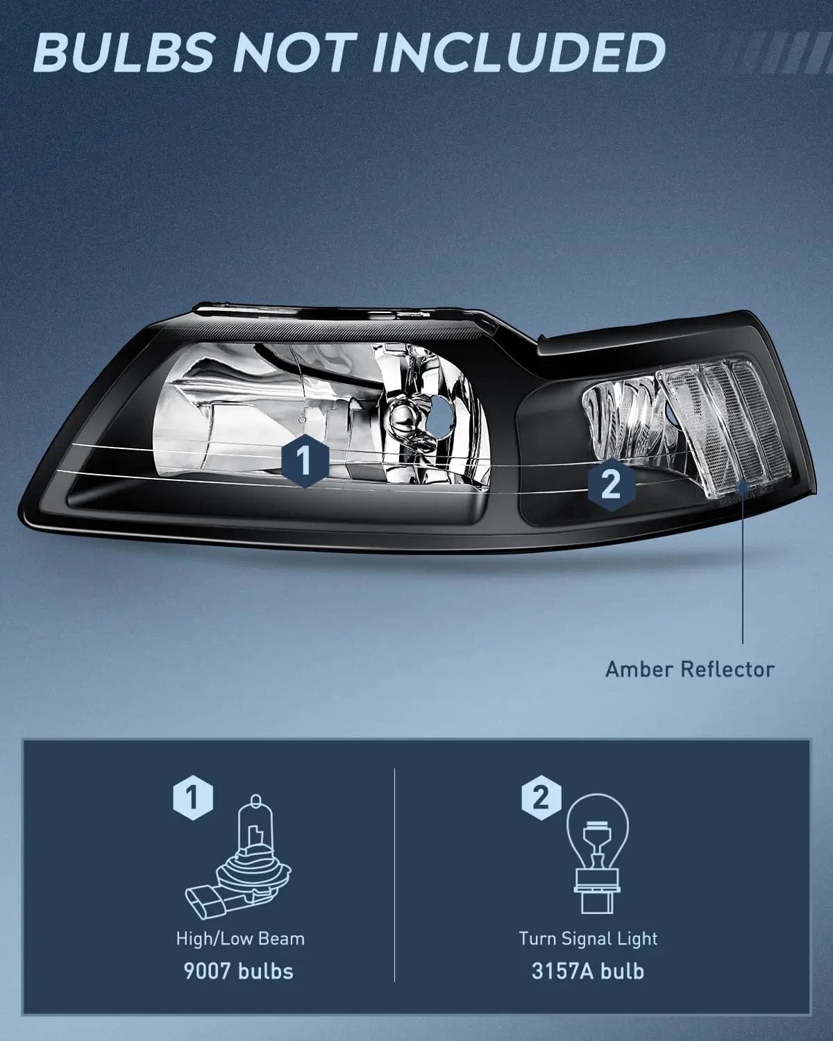 1999-2004 Ford Mustang Headlight Assembly - Black Housing with Clear Reflector - Replacement Headlights for Improved Night Driving & Style Upgrade