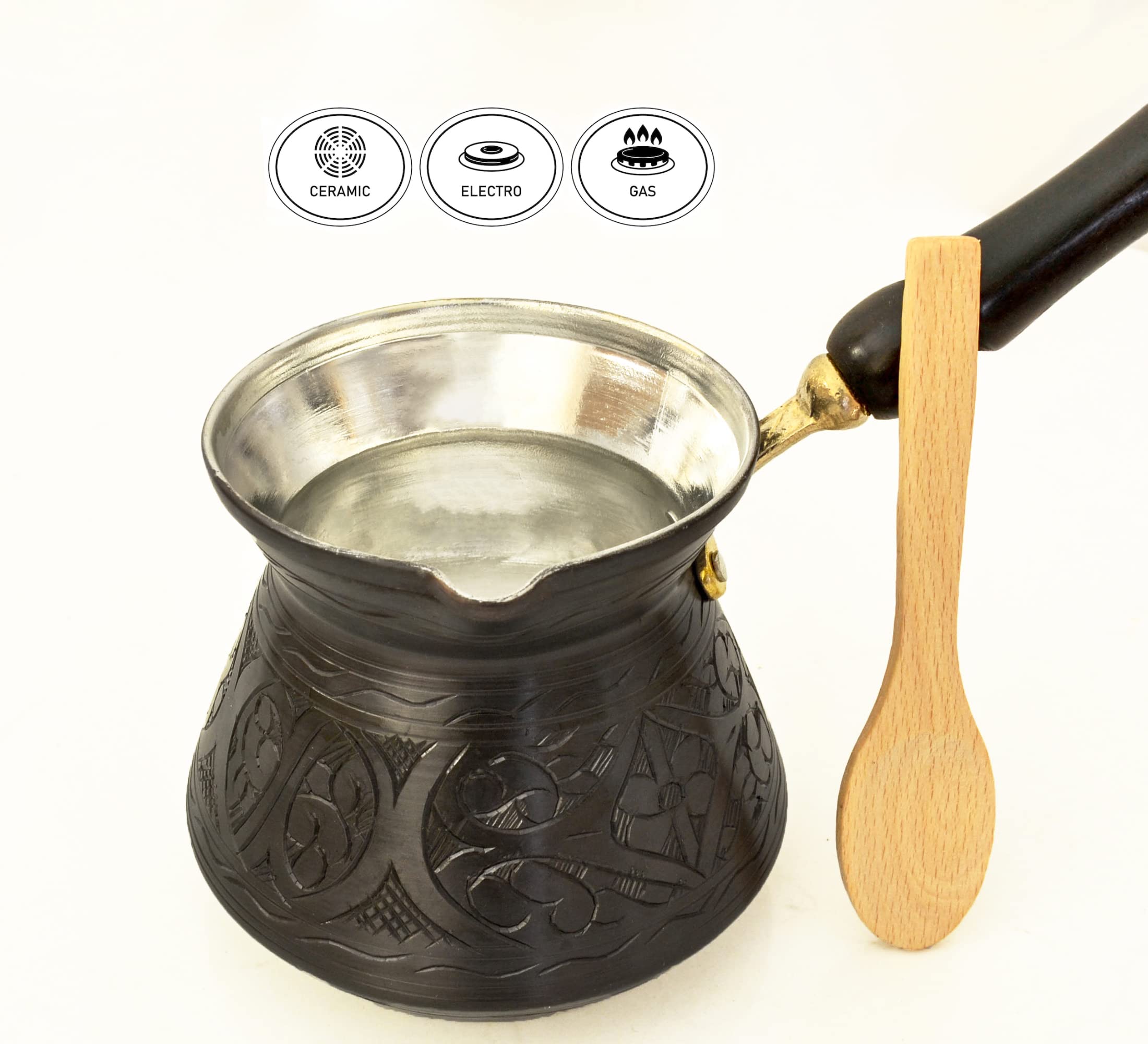 Handcrafted Turkish Copper Coffee Pot with Wooden Handle - Stovetop Coffee Maker for Turkish, Greek & Arabic Coffee - Premium Antique Copper Design Serves 5-6 People - Perfect for Home Brewing, Gifts & Traditional Coffee Ceremonies