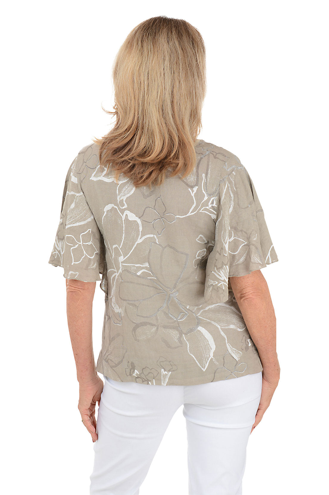 Taupe Floral Print Flutter Sleeve Linen Blouse for Women - Elegant Summer Top for Office, Date Night & Casual Outings