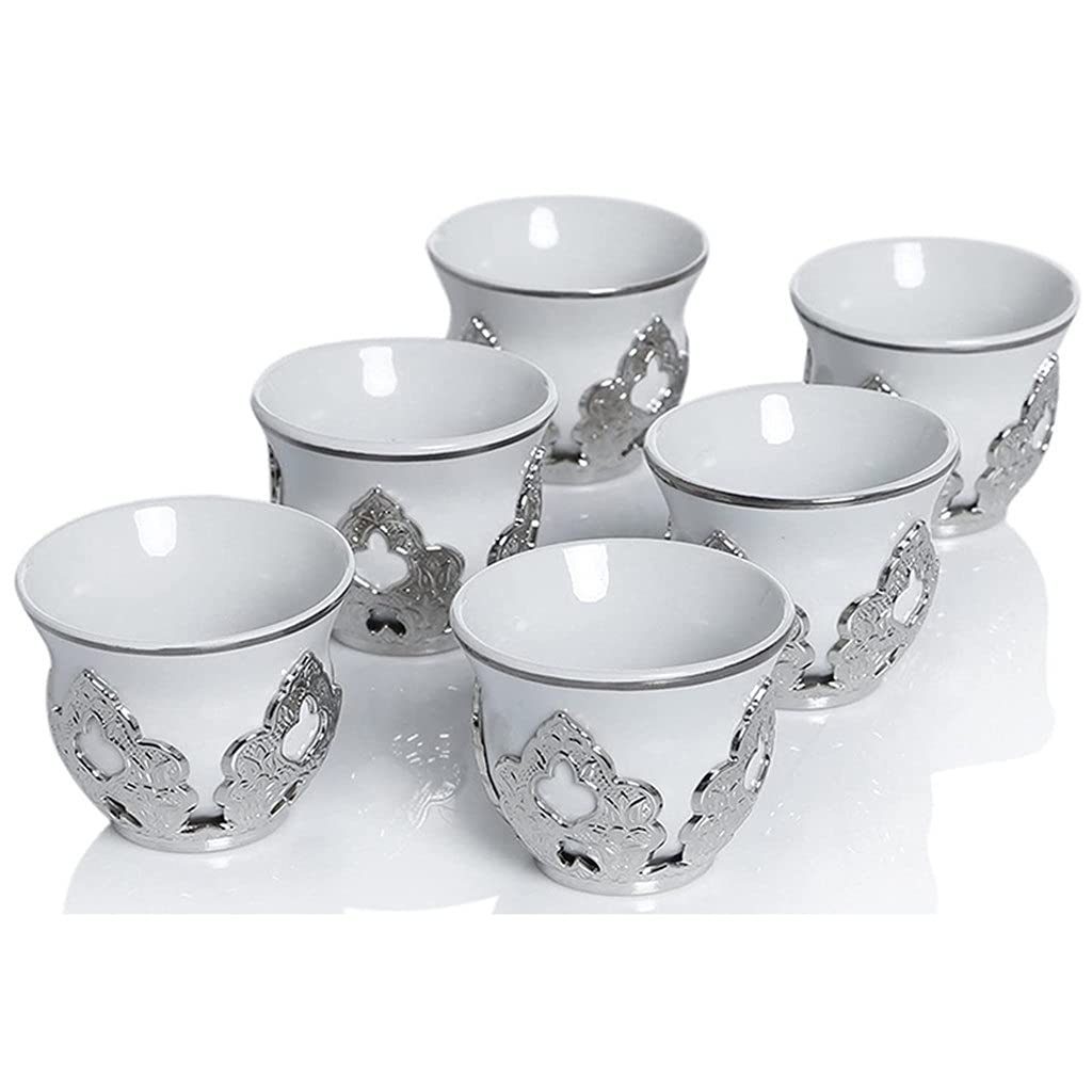 Premium Turkish Coffee Porcelain Cup Set with Holders - 6-Piece Silver Gift Set for Birthday & Special Occasions - Elegant Tea & Coffee Serving for Home & Office