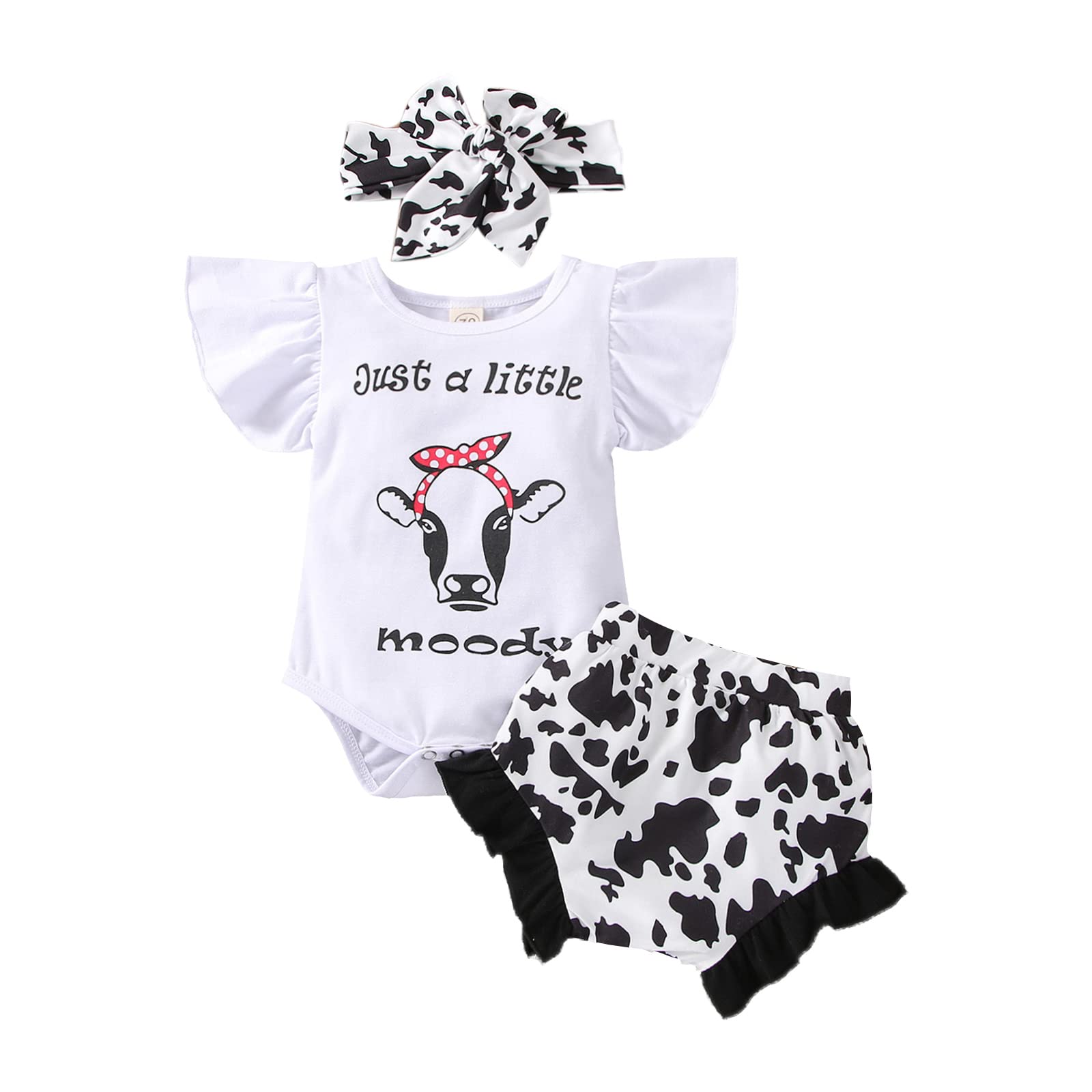 Cute Baby Girls Summer Outfit - Cow Print Romper with Ruffle Short Sleeves & Bloomers Set | Newborn Photography Outfit | Perfect for Photoshoots, Parties & Playtime