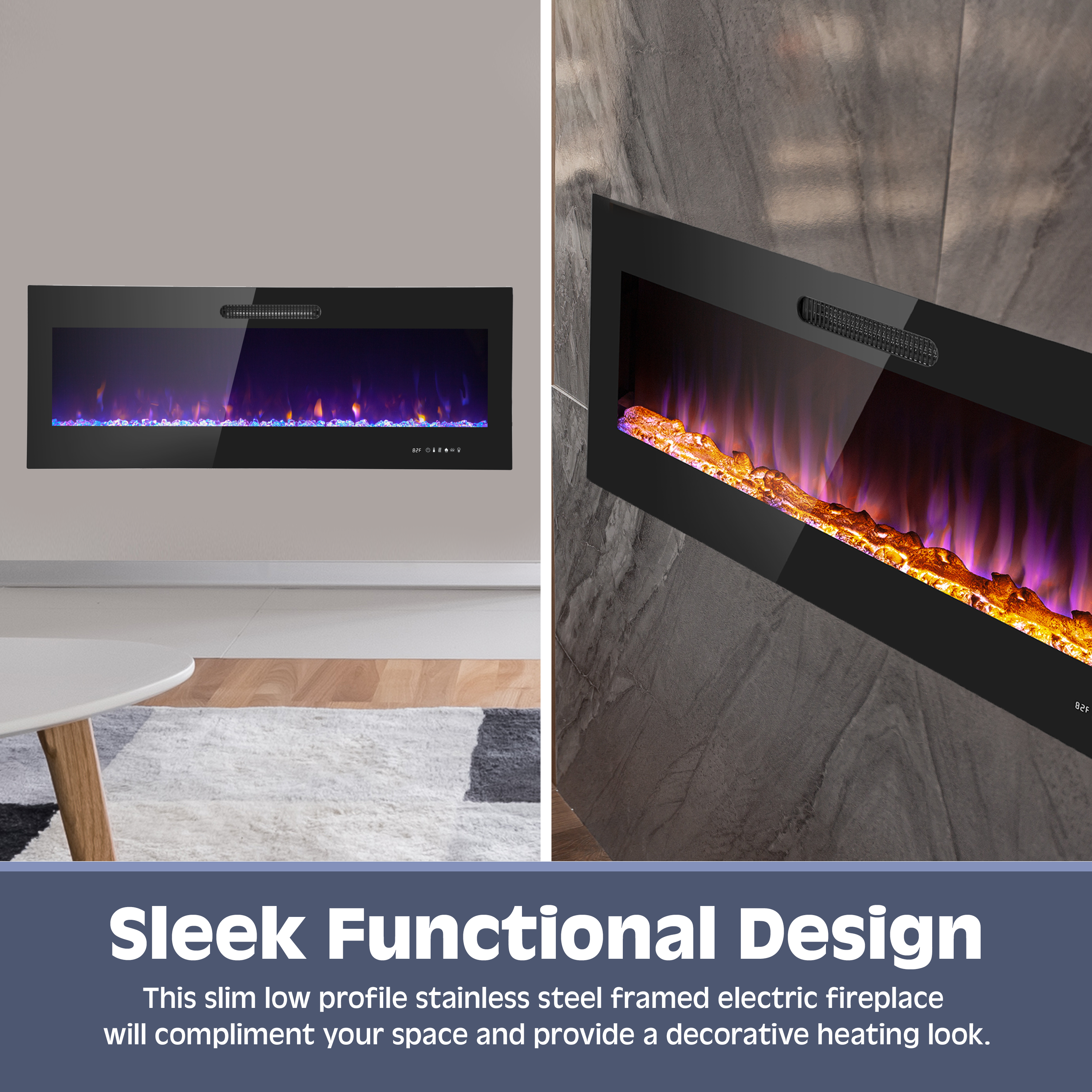 60 Inch LED Slim Electric Fireplace Insert - Wall Mounted Fireplace with 1500W Heater, Adjustable Realistic Flame, Remote Control | Log & Crystal Ember Options | Perfect for Living Room, Bedroom & Office Heating & Decor