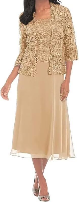 Elegant Tea Length Mother of The Bride Dresses - Champagne Lace Wedding Guest Dress for Plus Size Women (US 16W) - Perfect for Weddings, Receptions & Formal Occasions