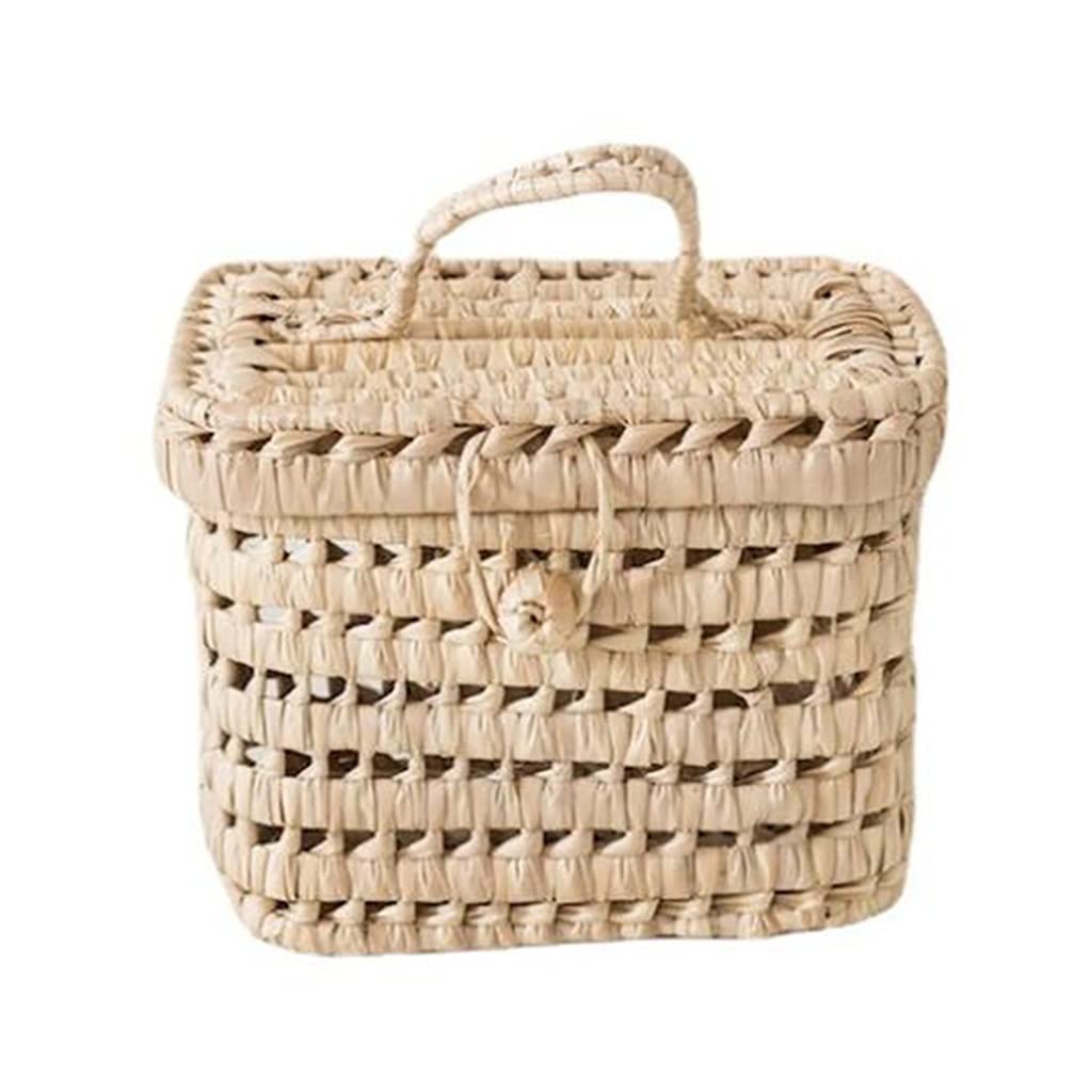 ZYSWP Woven Storage Basket with Lid & Straw - Beige One Size - Organize Toys, Living Room Decor, Outdoor Picnic & Snack Storage - Perfect for Home, Travel & Parties