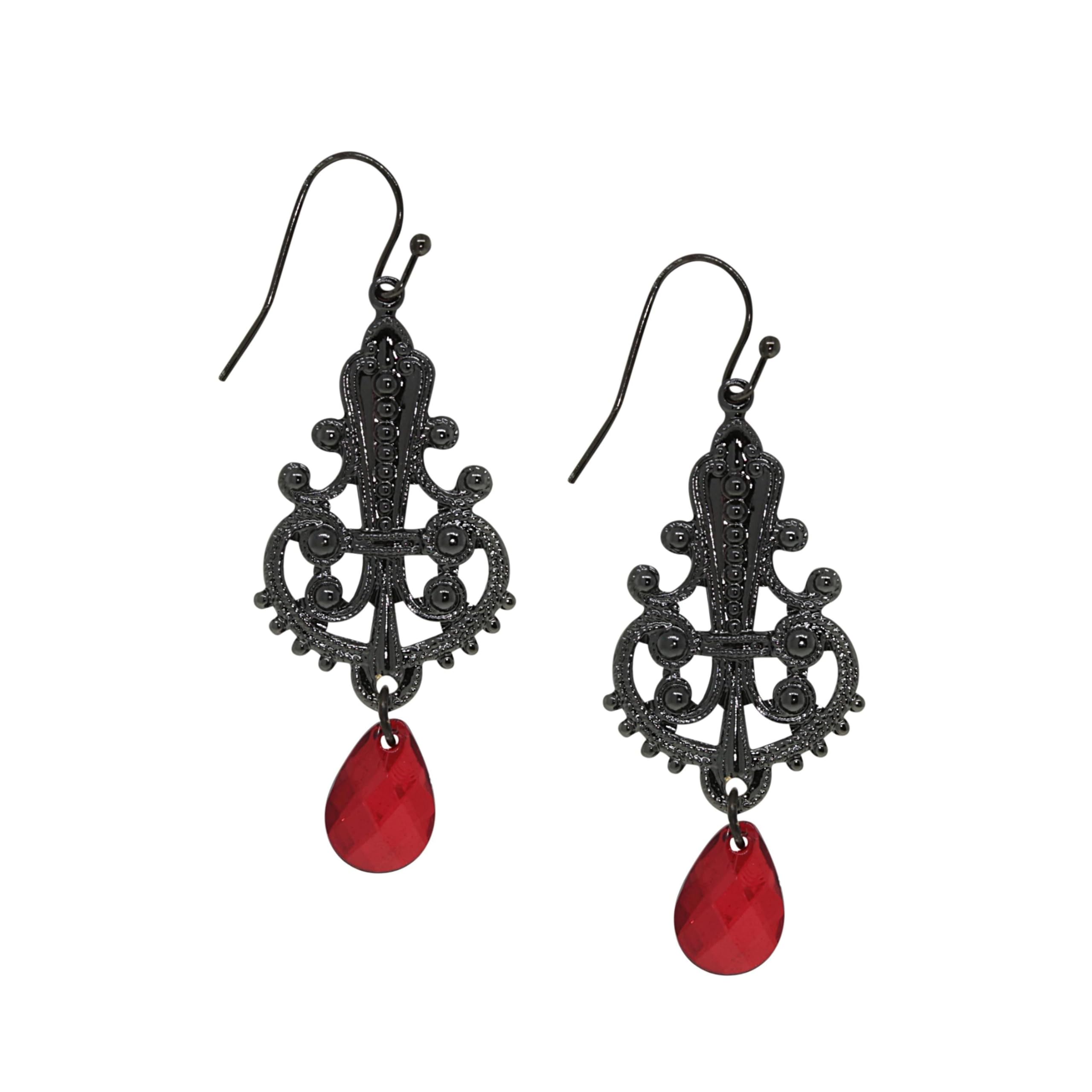 1928 Vintage Filigree Drop Earrings with Red Briolette Gemstone - Elegant Dangle Earrings for Women, Perfect for Weddings, Parties & Special Occasions