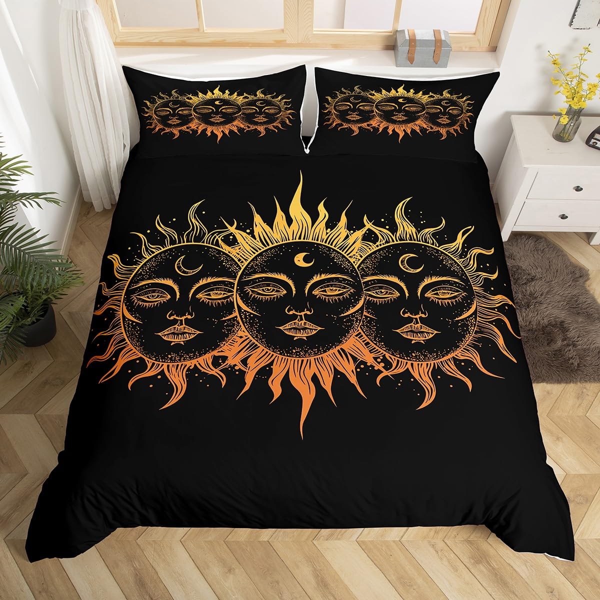 Bohemian Mandala Duvet Cover Set Twin Size - Golden Sun & Moon Design, 3-Piece Luxury Soft Bedding with Zipper Closure | Exotic Boho Theme for Adults, Women & Teens | Perfect for Bedroom Decor, Dorm Room, Guest Room & Boho Chic Home Styling