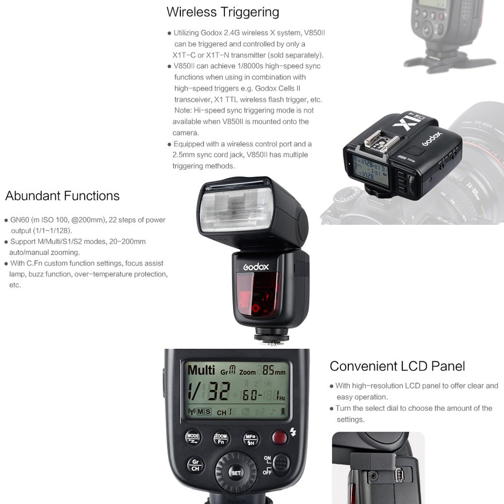 Godox V850II GN60 2.4G Wireless Flash Speedlight with 2000mAh Li-ion Battery - HSS 1/8000s, Off-Camera Flash Compatible with Canon Nikon Sony DSLR Cameras - Perfect for Portrait, Wedding, and Studio Photography