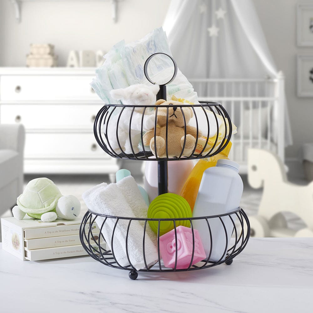 Monroe 2-Tier Fruit Storage Basket - Rustic Wooden Kitchen Organizer for Fresh Fruits, Vegetables & Home Decor | Perfect for Countertop, Pantry & Farmhouse Style Kitchens