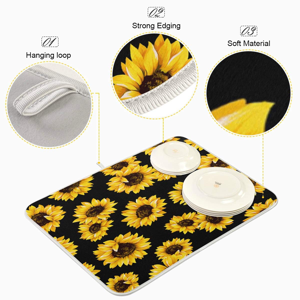 Sunflower Dish Drying Mat - Absorbent Microfiber Kitchen Pad (16x18