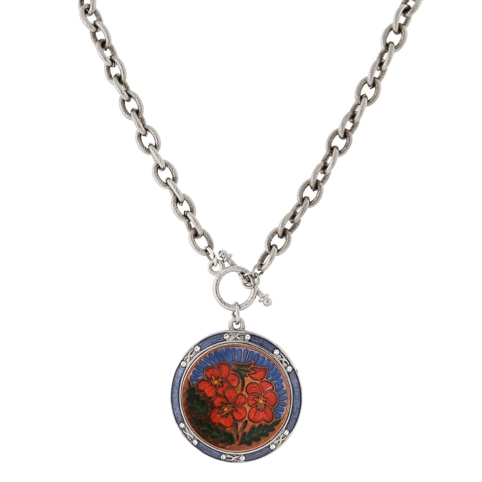 1928 Jewelry Blue and Orange Floral Enamel Medallion Toggle Pendant Necklace - 20
