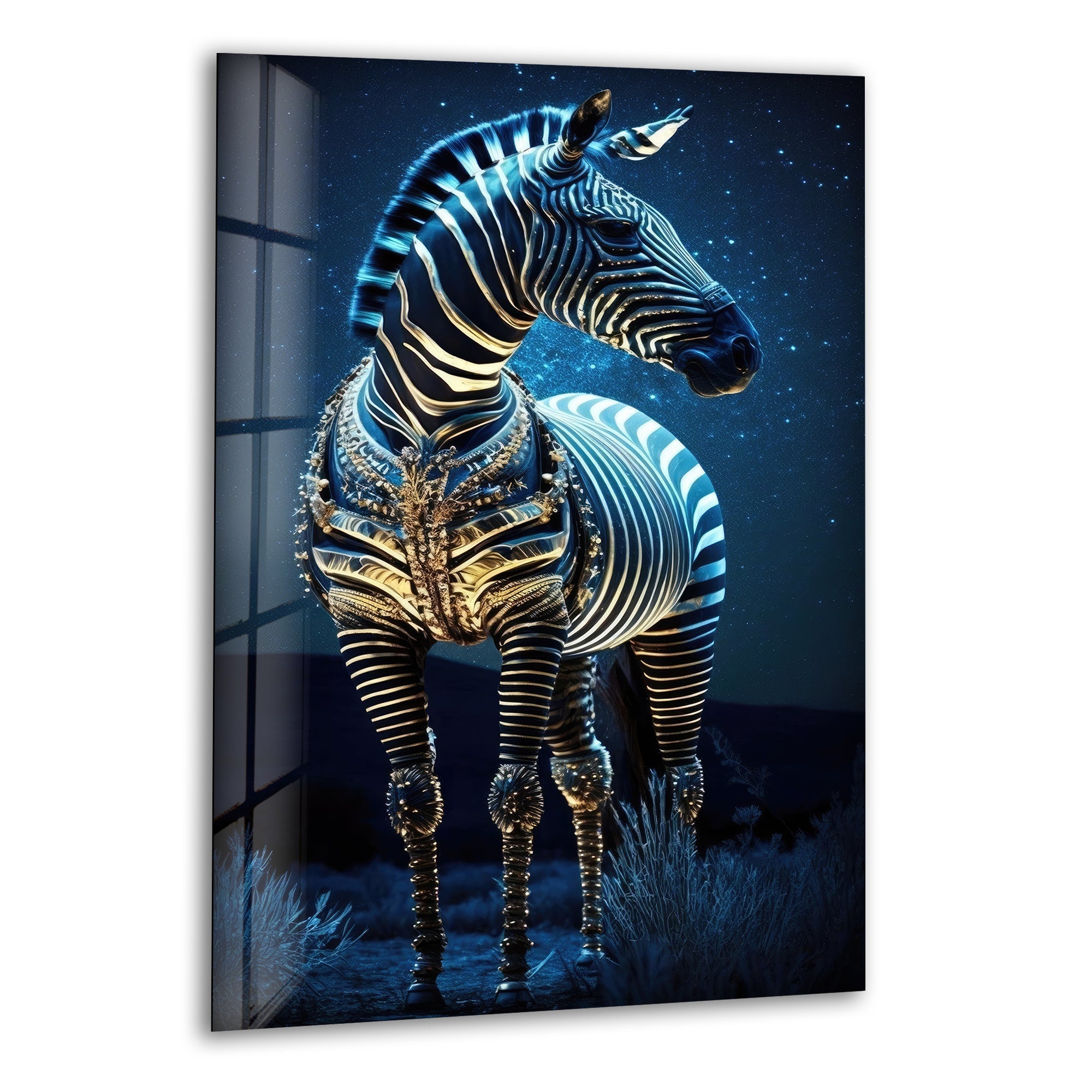 Blue Zebra Glass Wall Art - Modern Home Decor for Living Room, Bedroom & Office - Handmade Glass Painting for Unique Interior Design