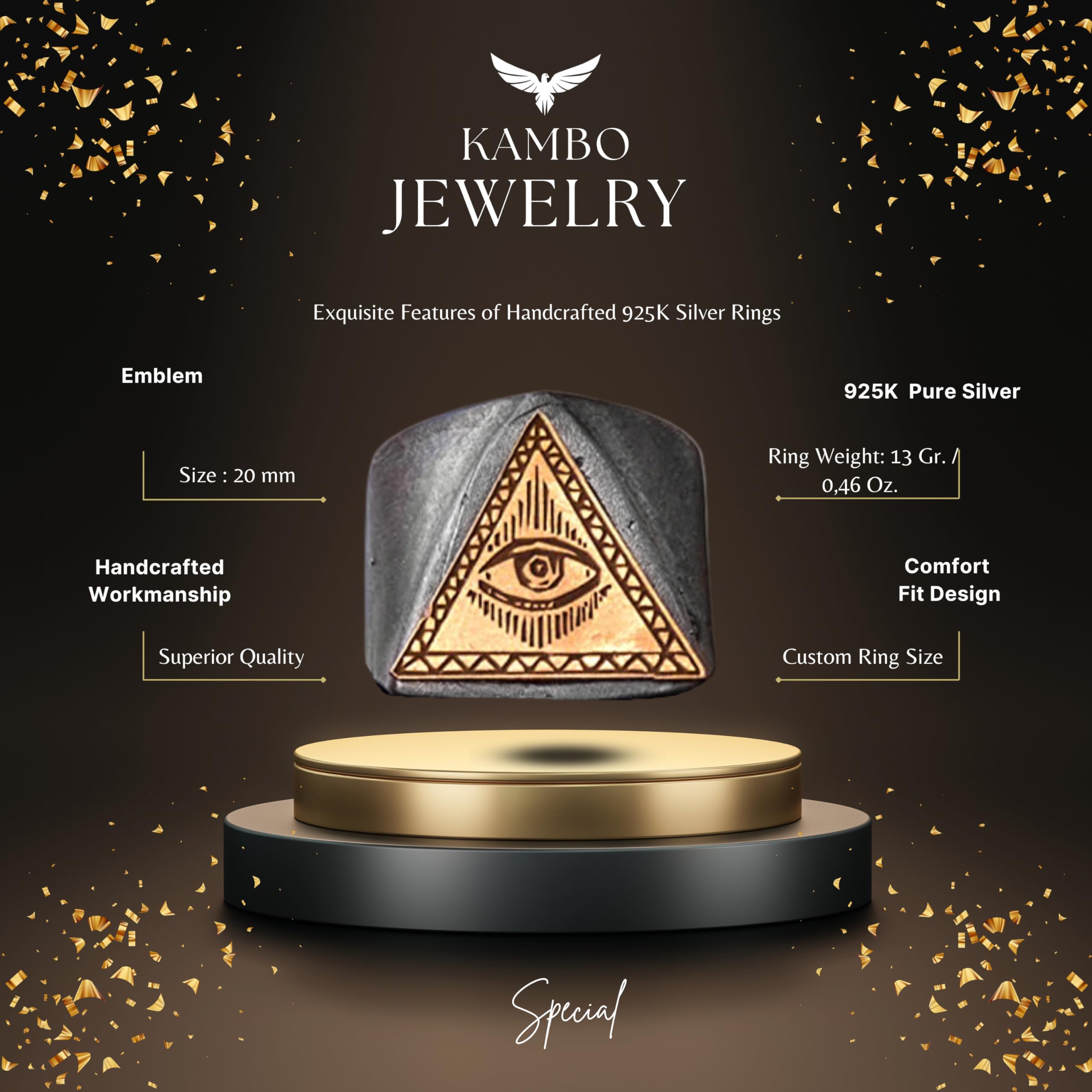 925 Sterling Silver Men's Ring with Gold-Plated Triangle Eye Symbol - Handmade Jewelry for Men, Unique Spiritual Protection Ring - Perfect for Gifts, Weddings, and Everyday Wear