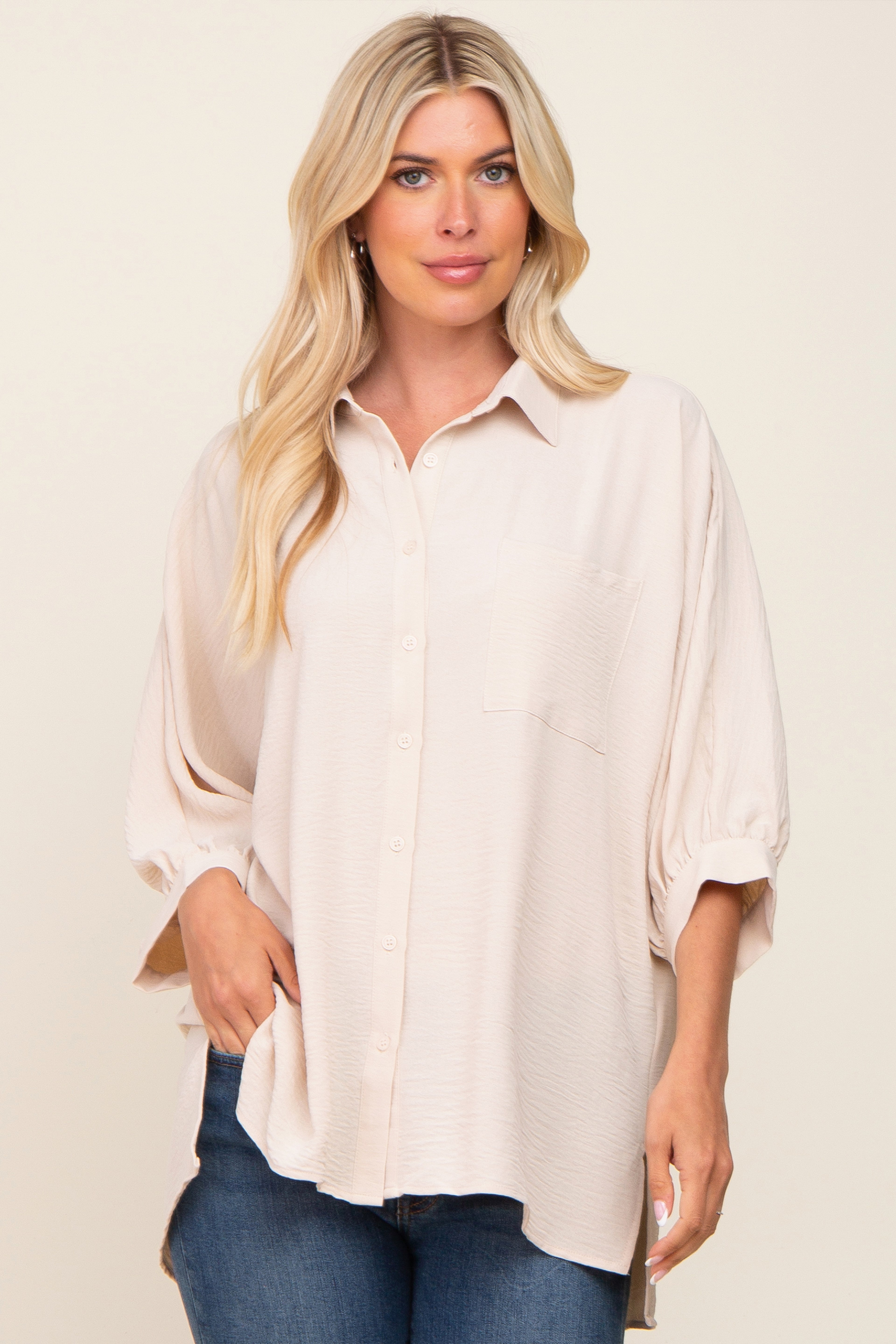 Women's Beige Button Down 3/4 Sleeve Blouse - Casual Office Wear & Spring Summer Fashion Top