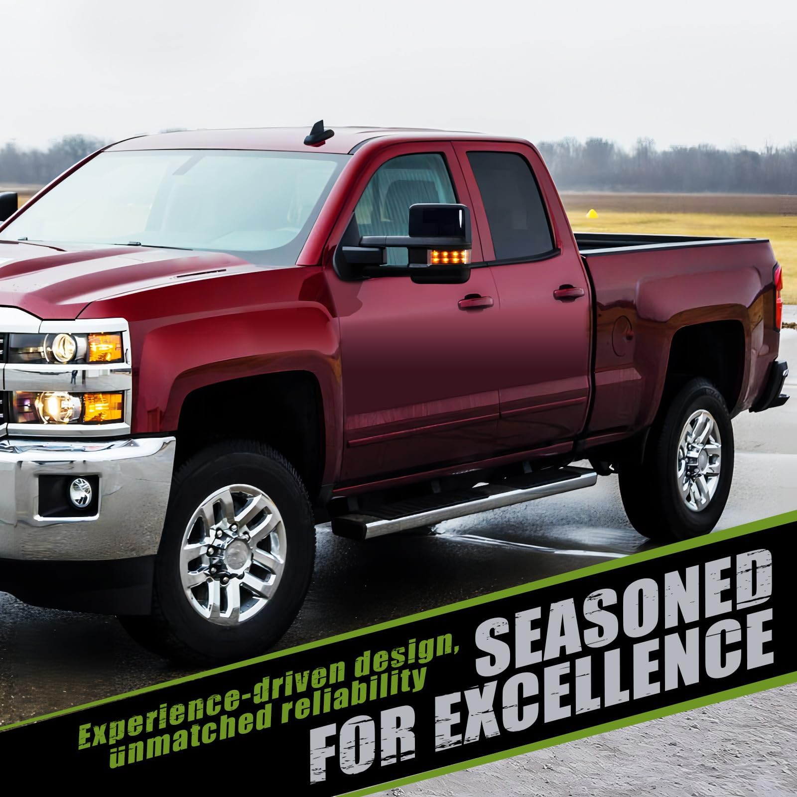 2014-2018 Chevy Silverado & GMC Sierra Towing Mirrors with Turn Signal, Running Lights & Power Heat - Painted Black - Perfect for Towing Trailers & Heavy Loads