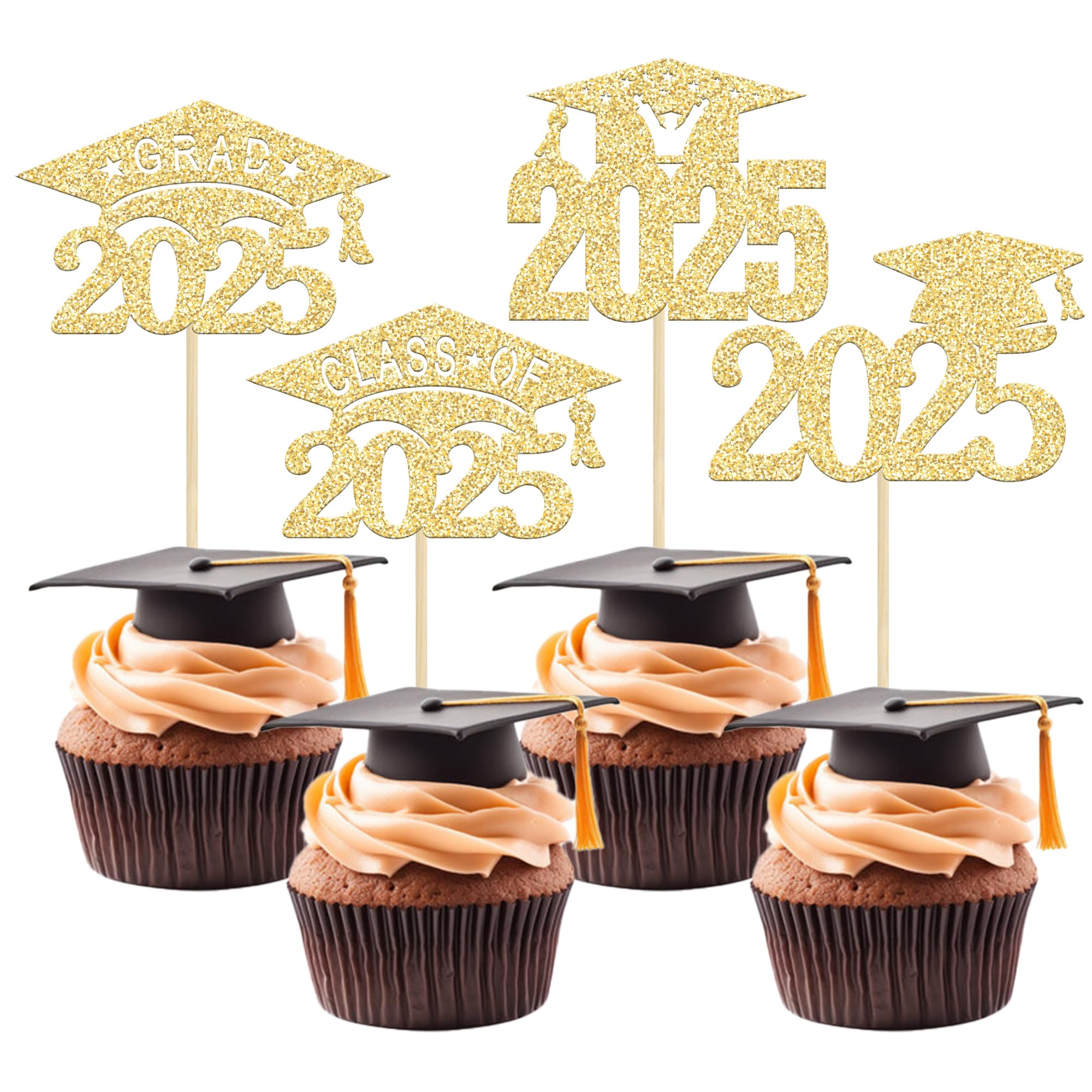 24 Pack Gold Glitter 2025 Graduation Cap Cupcake Toppers - Class of 2025 Grad Cap Cake Decorations for Graduation Party, Birthday, School Celebrations & Dessert Decor