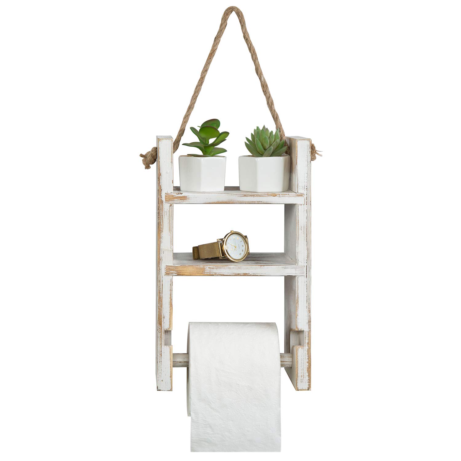 MyGift 2-Tier Hanging Whitewashed Wood Ladder Shelf - Rustic Rope Toilet Paper Holder - Bathroom & Farmhouse Decor for Storage & Organization - Perfect for Small Spaces, Vanity, and Towel Display