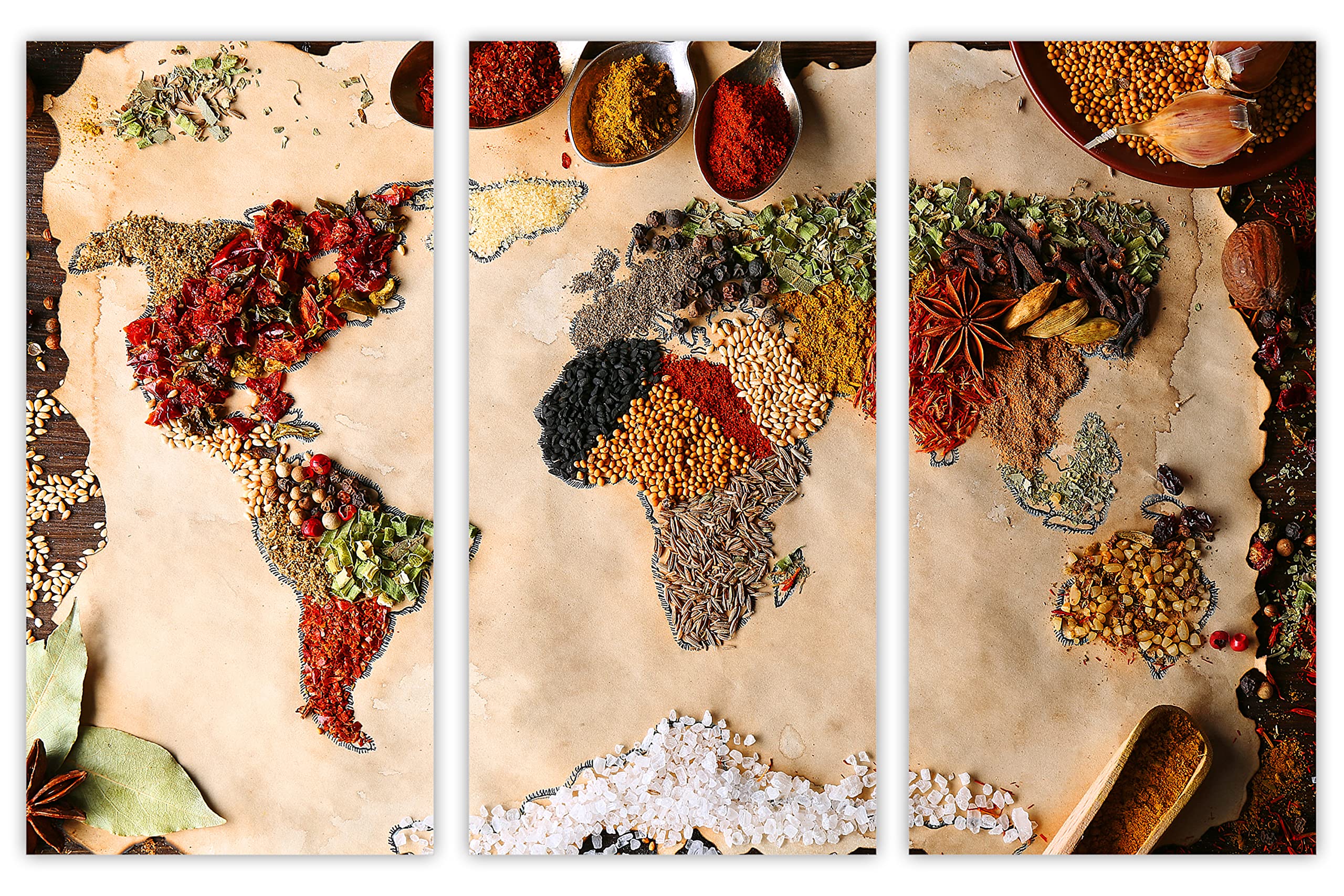 48x32 Inch Kitchen Spice World Map Canvas Wall Art - 3 Panel Triptych Split Design for Home & Kitchen Decor | Perfect for Dining Room, Living Room & Office Wall Decoration