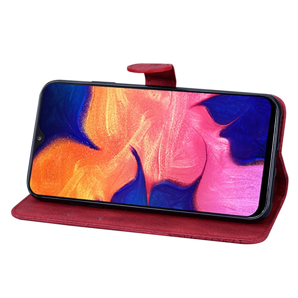 Samsung Galaxy A10E Leather Wallet Case with Card Holder & Magnetic Kickstand - Shockproof Flip Cover with Butterfly Embossing (Retro Red) - Perfect for Daily Use, Travel, and Hands-Free Viewing