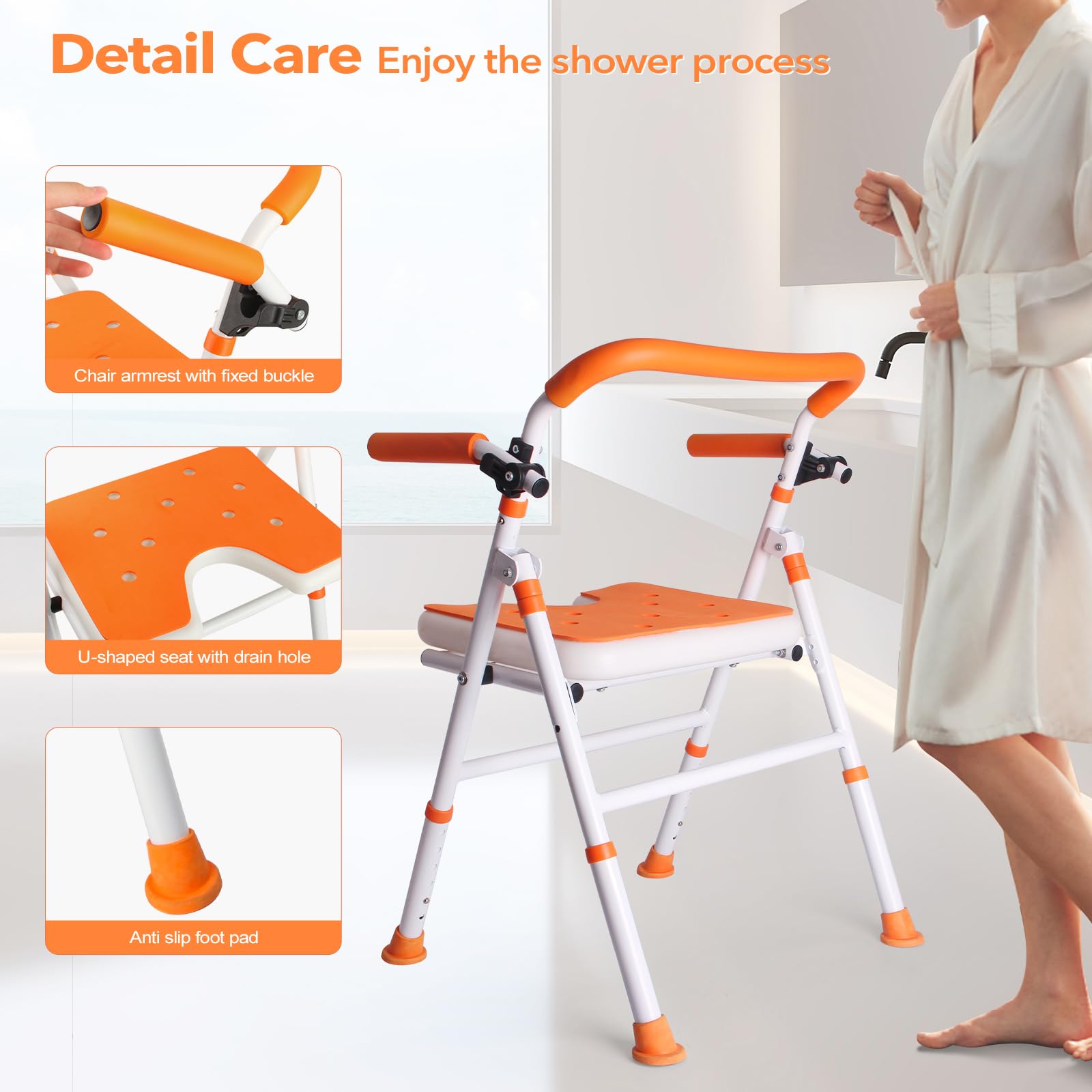 Foldable Shower Chair with Arms & Back - Adjustable Height Portable Bath Seat for Elderly, Seniors & Disabled - Non-Slip Folding Shower Stool for Safe Bathing & Shower Assistance (Ideal for Home Care, Rehabilitation & Mobility Support)