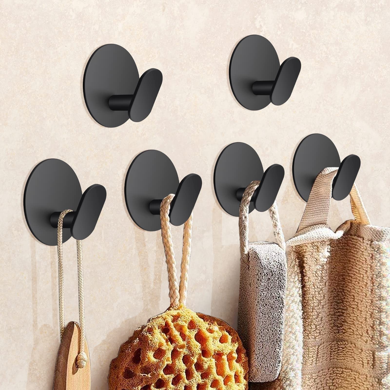 JiGiU 6-Pack Matte Black Adhesive Hooks - Heavy Duty Stainless Steel Wall Hooks for Towels, Coats & Hats | Waterproof Sticky Hooks for Bathroom, Bedroom, Kitchen, Closet & Cabinet Organization | Perfect for Hanging Robes, Keys & Decor in Small Spaces