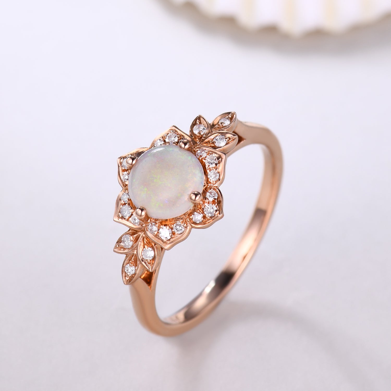 Round White Opal and Moissanite Diamond Engagement Ring - Halo Floral Design for Wedding, Proposal & Anniversary Gifts