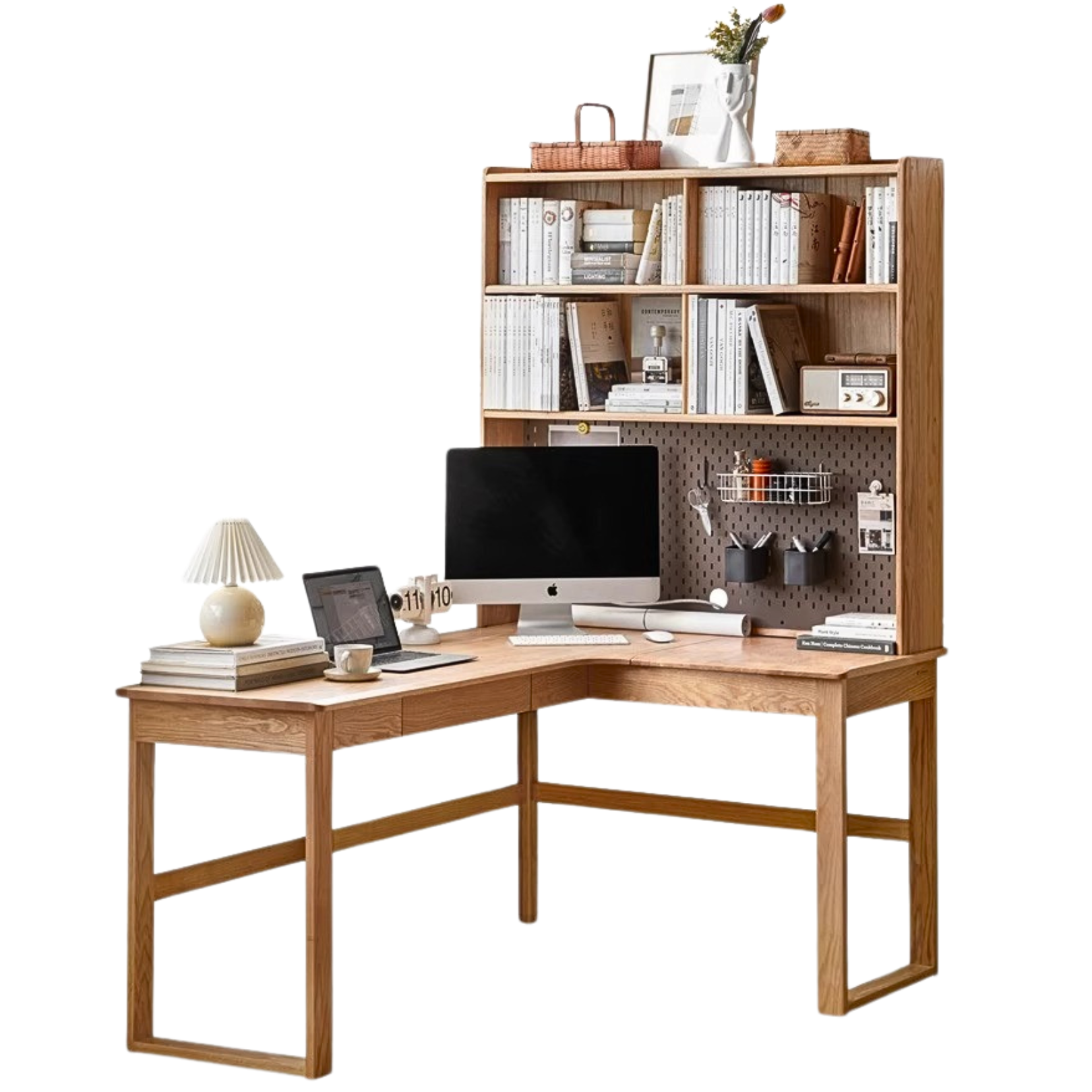 63x47.2x74.4 inch / 160x120x189сm / Natural Wood Color / right corner desk + shelf