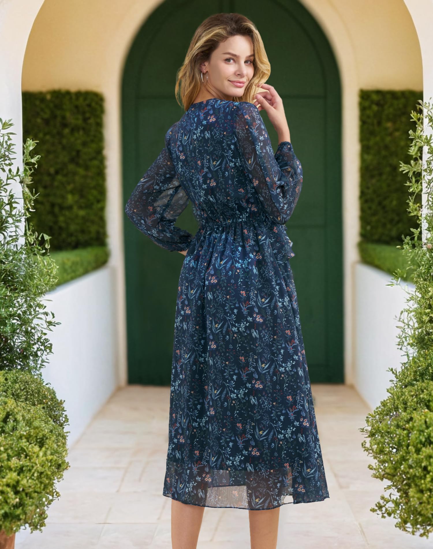 Floral Split Midi Dress for Women - Elegant Long Sleeve Chiffon Dress with Ruffle Details & Pockets | Perfect for Spring Weddings, Bridal Showers, Garden Parties & Formal Events 2025