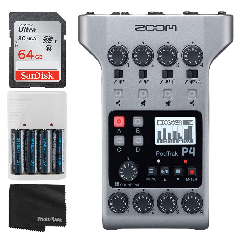 Zoom PodTrak P4 Portable 4-Track Podcast Recorder with 64GB SDXC Card, AA Batteries & Charger - Complete Podcasting Kit for Home Studio, Interviews & On-the-Go Recording