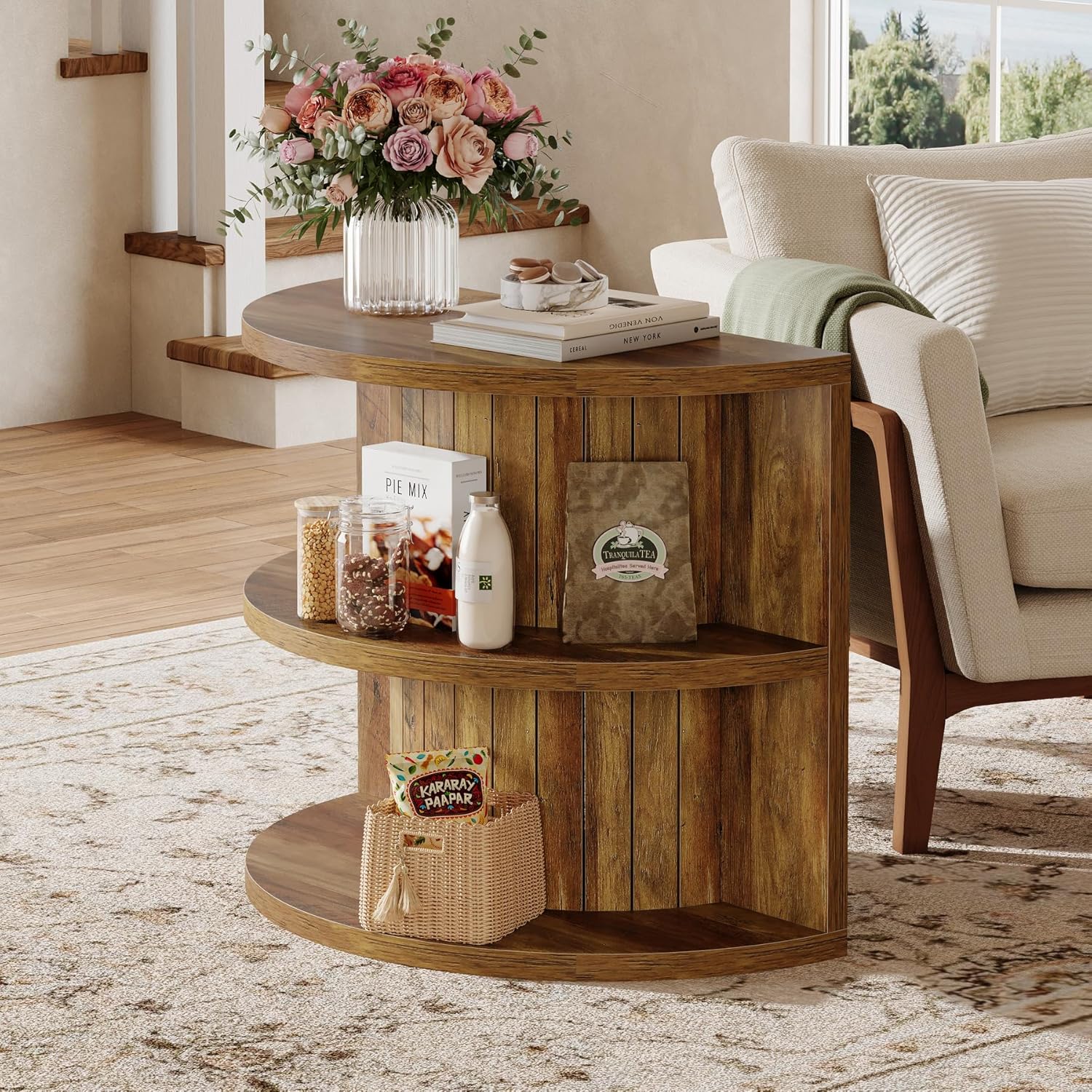 3 Tier End Table with Storage Shelves - Half Round Wooden Side Table for Living Room, Bedroom & Office - Compact Space-Saving Furniture for Small Apartments