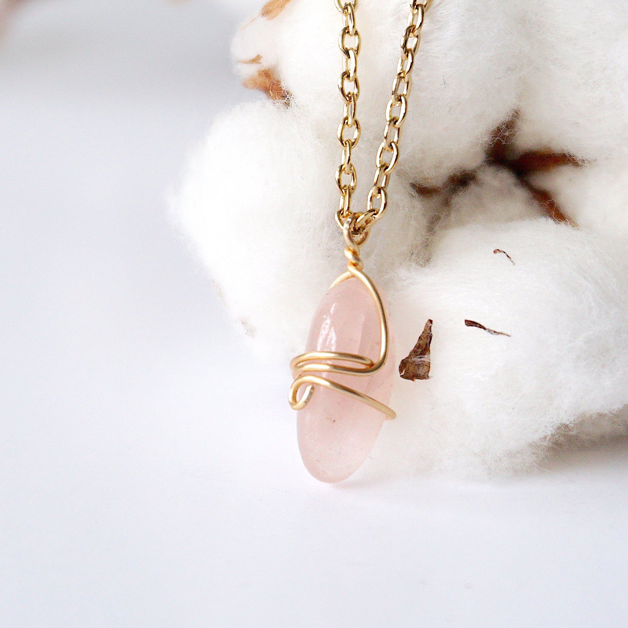 Rose Quartz Necklace - Gold Plated Brass Wrapped Charm Necklace for Women, Healing Crystal Jewelry Gift for Her - Perfect for Meditation, Yoga & Spiritual Wellness