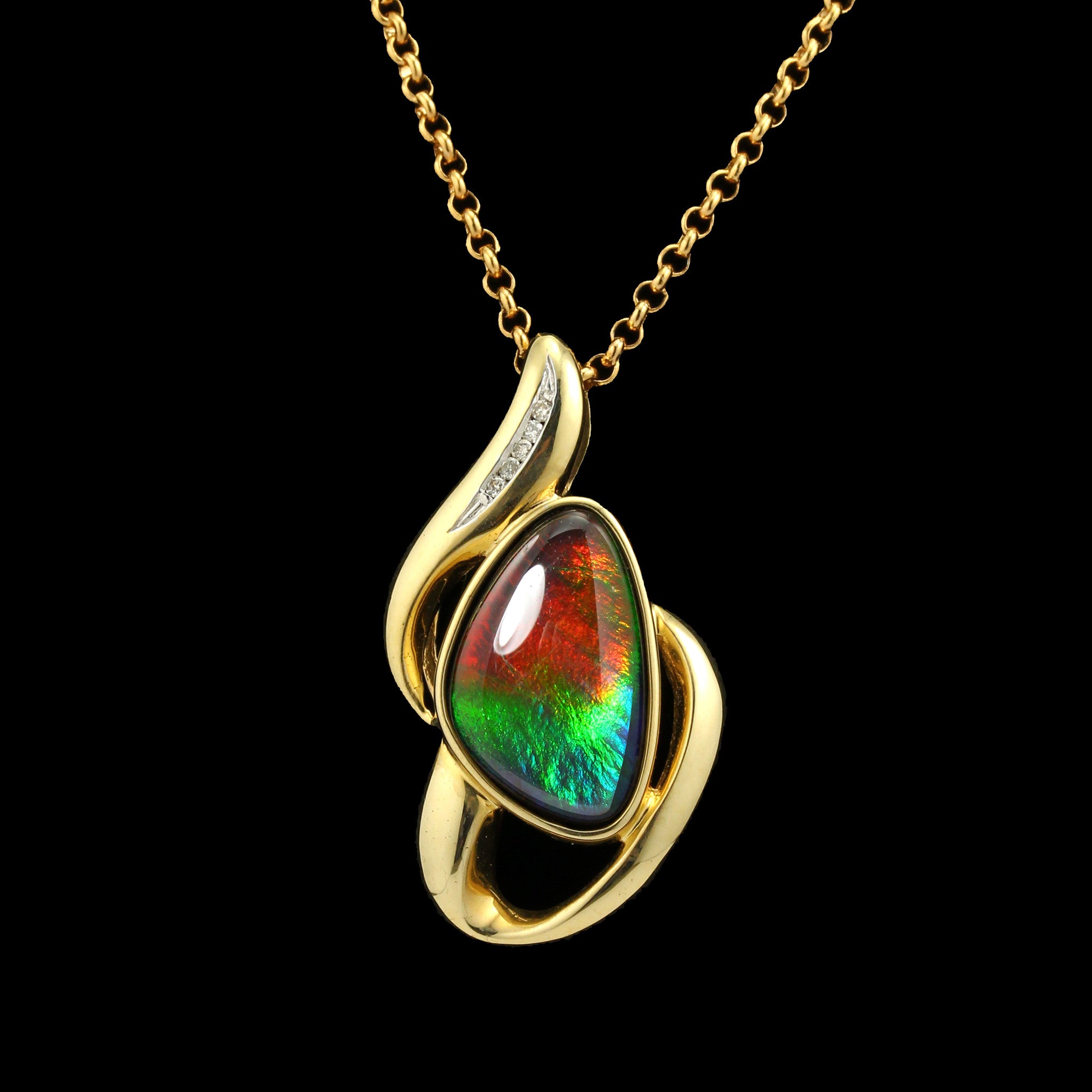 14K Gold Freeform Ammolite Pendant with Diamond Accents - Elegant Natural Gemstone Jewelry for Women, Perfect for Weddings, Parties & Special Occasions