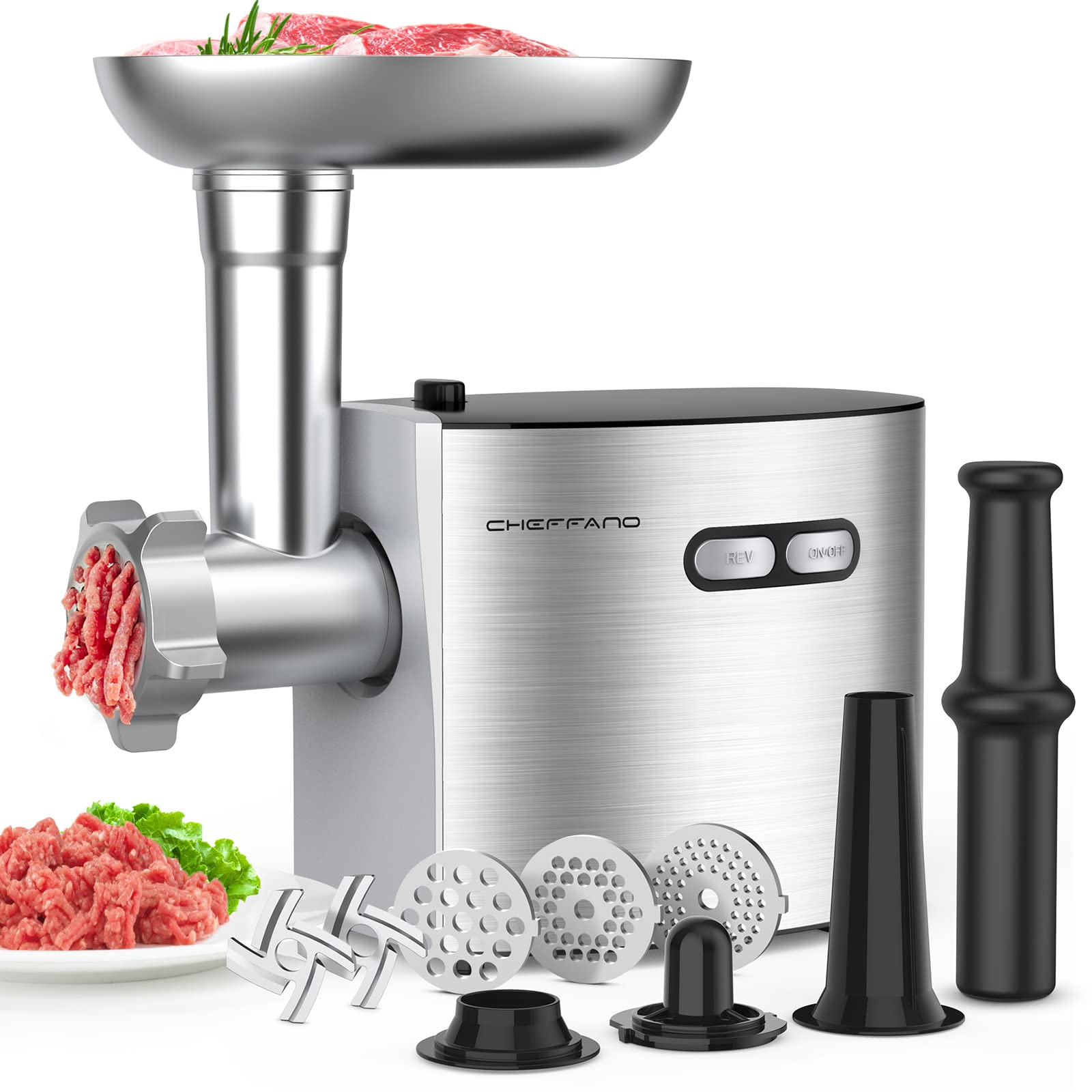 CHEFFANO 2600W Electric Meat Grinder - Heavy Duty Stainless Steel Mincer Machine with 2 Blades, 3 Grinding Plates, Sausage Stuffer & Kubbe Kit - ETL Certified for Home Kitchen, Restaurant & Commercial Use - Perfect for Ground Beef, Sausages & Homemade Pet Food