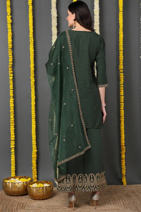 Elegant Green Silk Blend Suit Set for Women - Diwali & Festival Outfit - Perfect for Weddings, Parties & Special Occasions