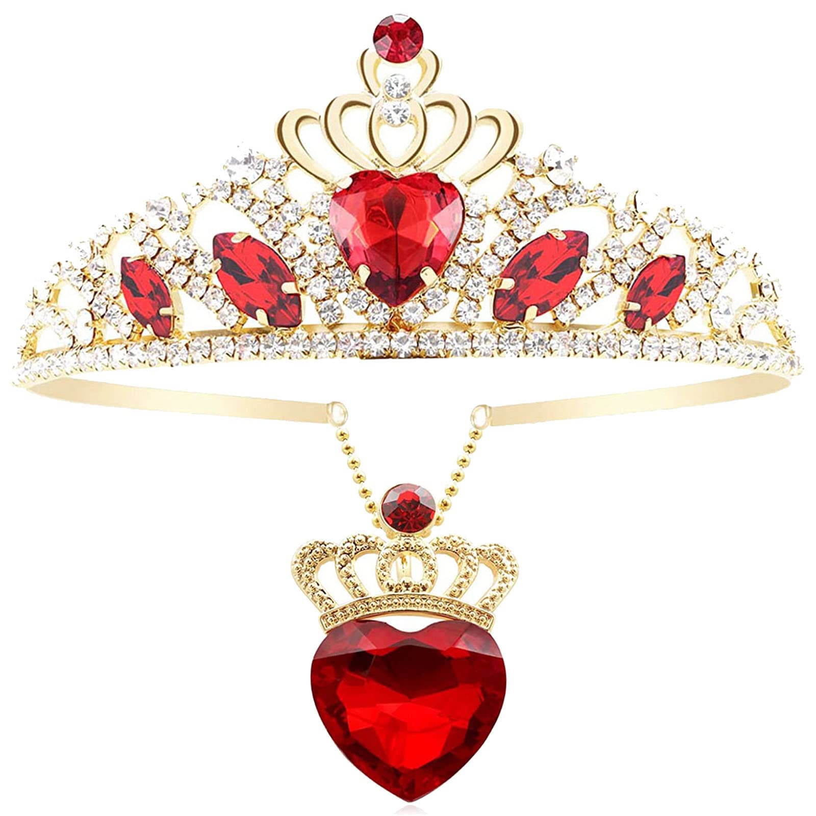 Evie Red Heart Necklace & Crown Tiara Set - Gold Princess Jewelry for Halloween Costume | Perfect for Cosplay, Birthday Parties & Disney Themed Events
