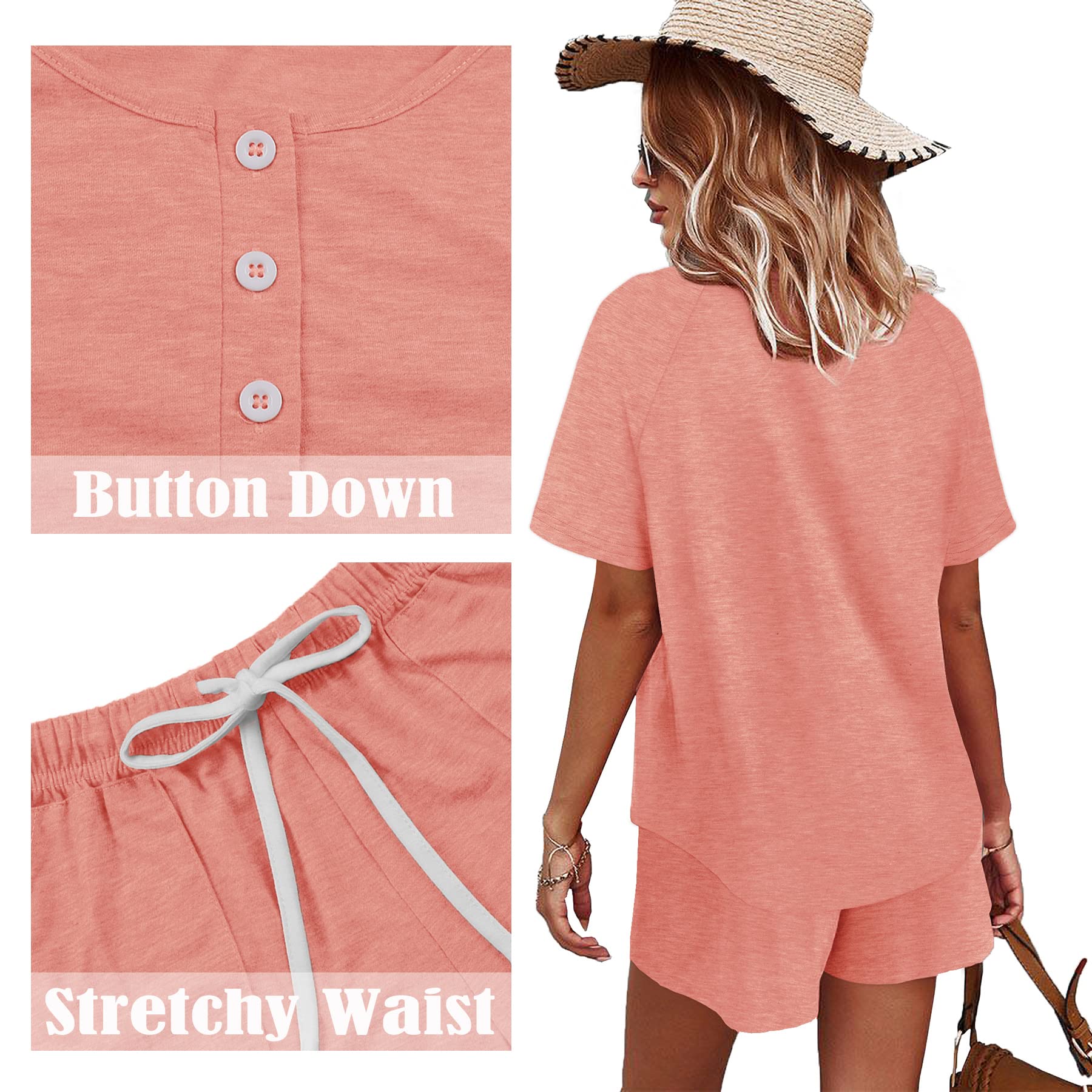 WIHOLL Women's 2-Piece Lounge Set - Button Down Top & Shorts with Pockets | Comfortable Sweatsuit for Home, Travel & Casual Wear