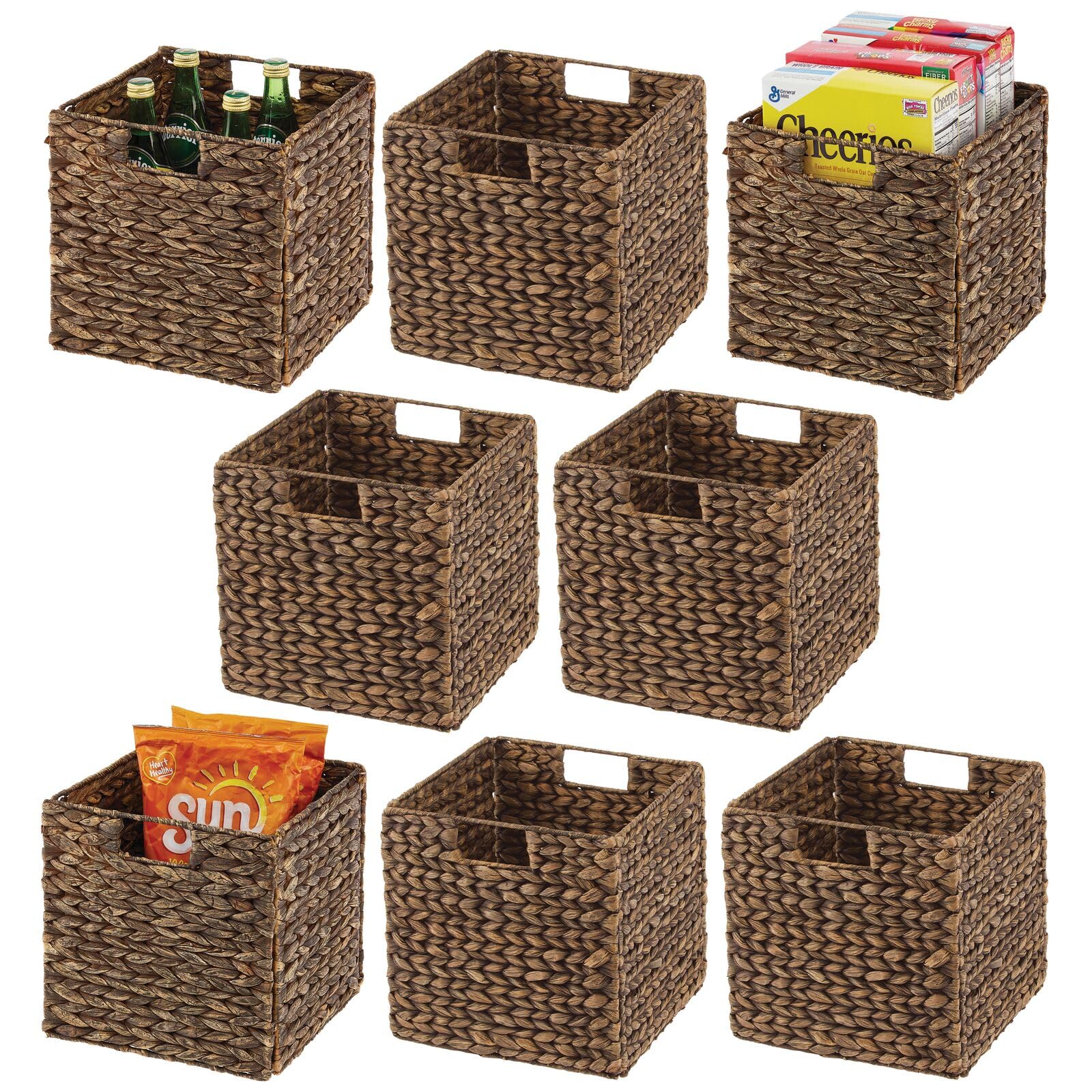 Natural Woven Hyacinth Storage Baskets with Handles - 8 Pack Brown Wash Cube Organizers for Kitchen Cabinet, Pantry Shelf & Cubby Storage | Perfect for Snacks, Small Appliances & Home Organization | Space-Saving Storage Solution for Bedroom, Bathroom & Office
