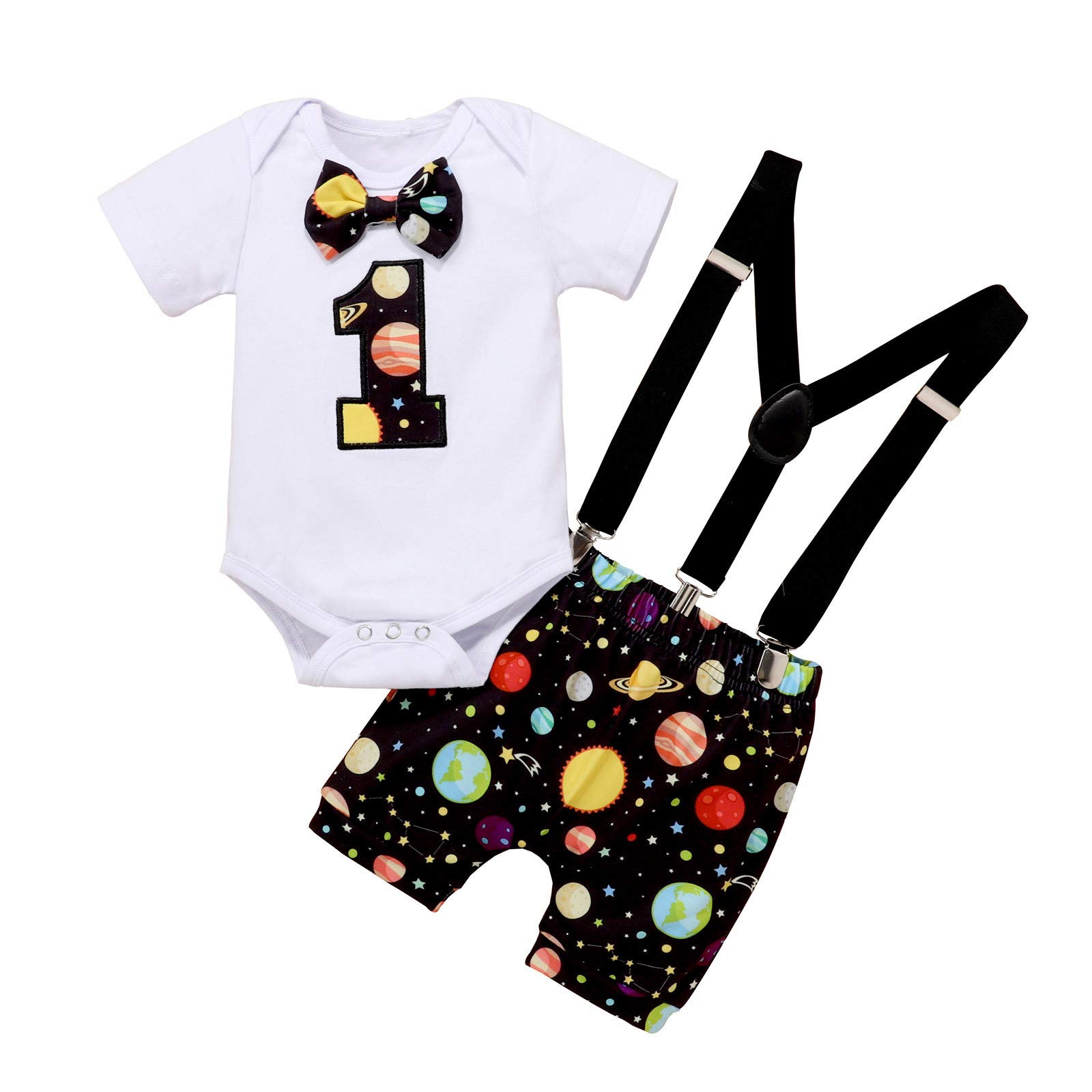 Gentlemen Baby Boy Outfit Set - Star Romper, Bow Tie & Suspenders for Infant Boys & Girls | Formal Wear for Birthday, Photo Shoots & Special Occasions