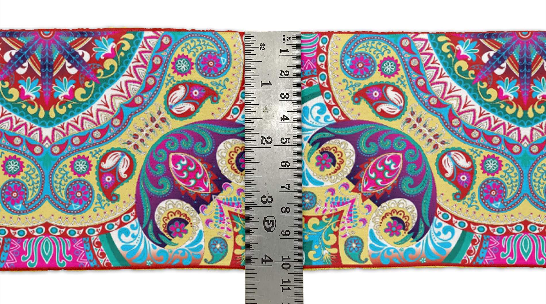 Indian Beautiful Art Yellow Paisley & Mandala Kaleidoscope Printed Velvet Ribbon Trim - 9 Yards, 3 Inches Wide for Crafts, Sewing, DIY Accessories - Perfect for Home Decor, Gift Wrapping, and Fashion Embellishments