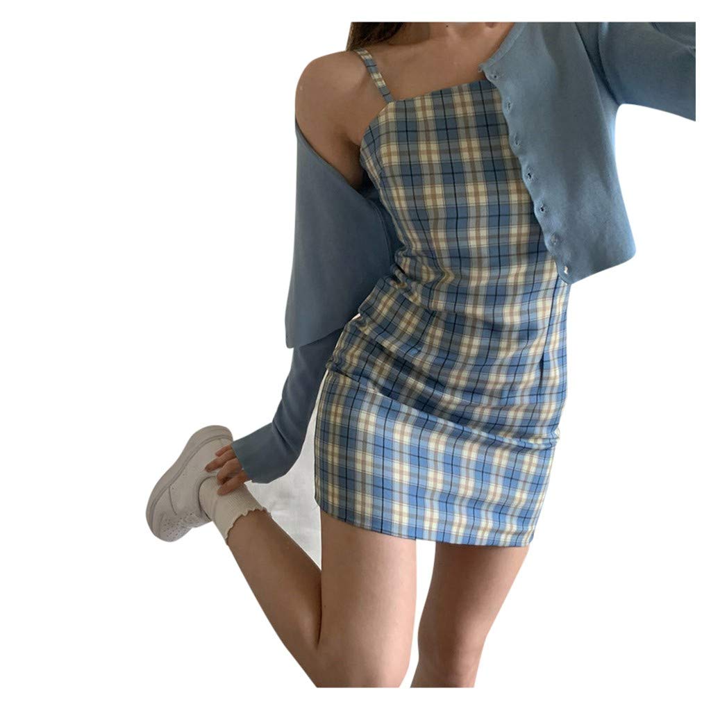 FQZWONG Women's Mini Plaid Bodycon Dress - Square Neck Cami Sling Dress for Casual Outings & Date Nights