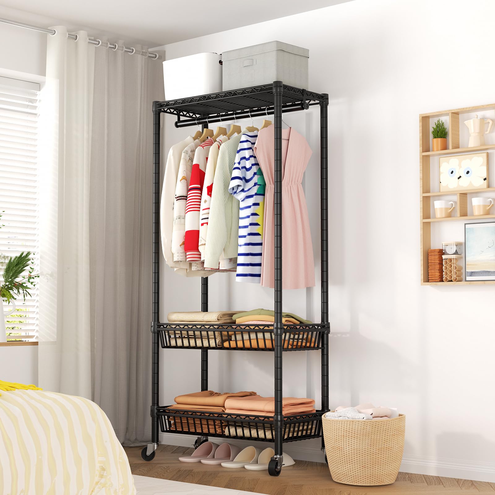 Heavy Duty Rolling Garment Rack - Adjustable Wire Shelving Clothing Organizer with Hanger Hooks & Double Baskets | Freestanding Metal Wardrobe Storage for Closet, Laundry Room, or Retail Store Use