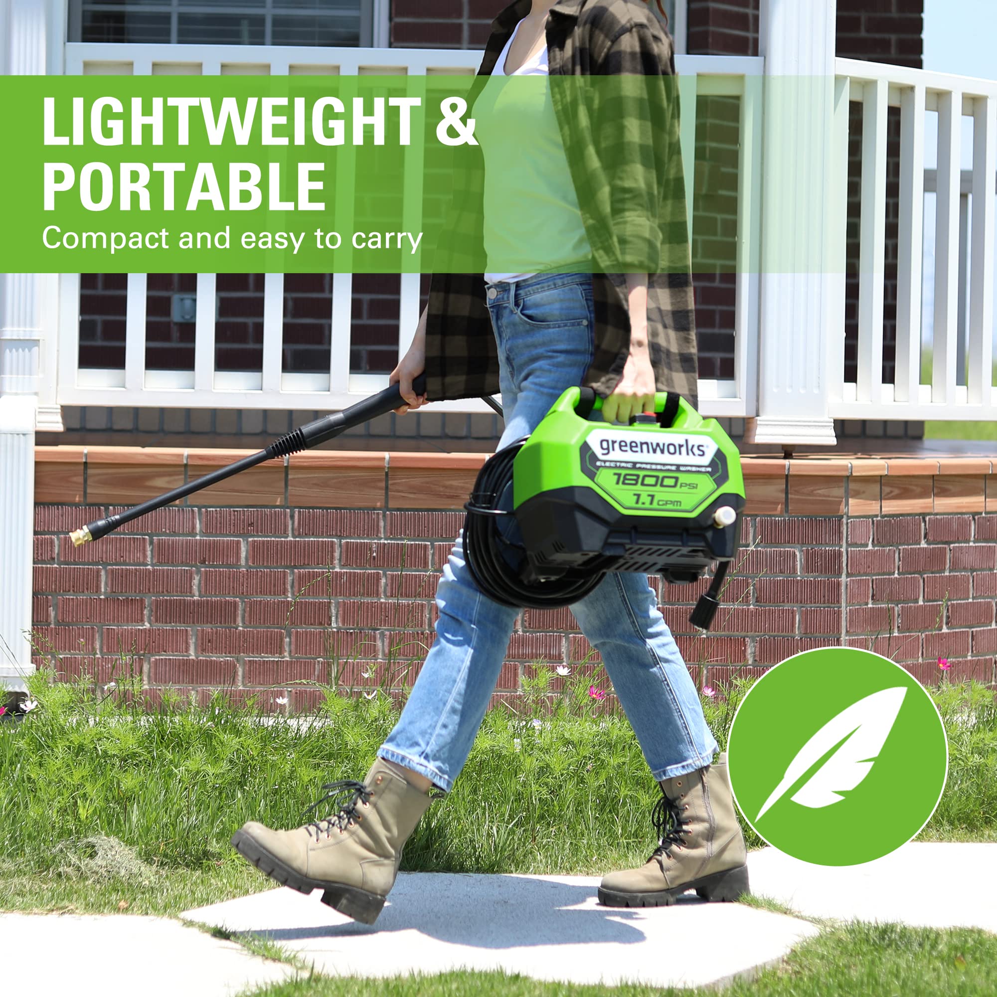 Greenworks 1800 PSI Electric Pressure Washer (1.1 GPM) - PWMA Certified - Powerful Cleaning for Driveways, Patios, Cars & Outdoor Surfaces